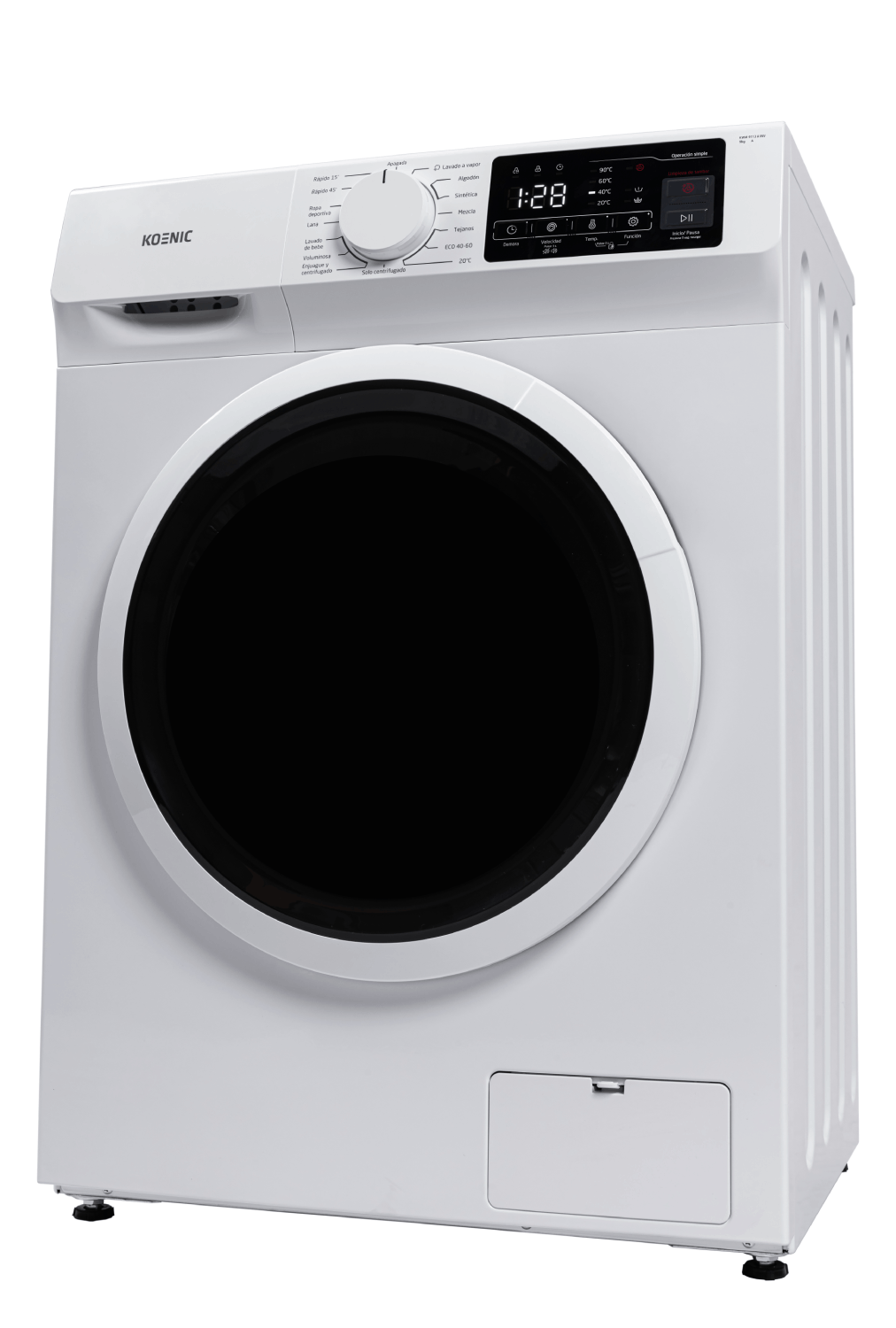 Una lavadora blanca con una puerta negra. El fondo es blanco.