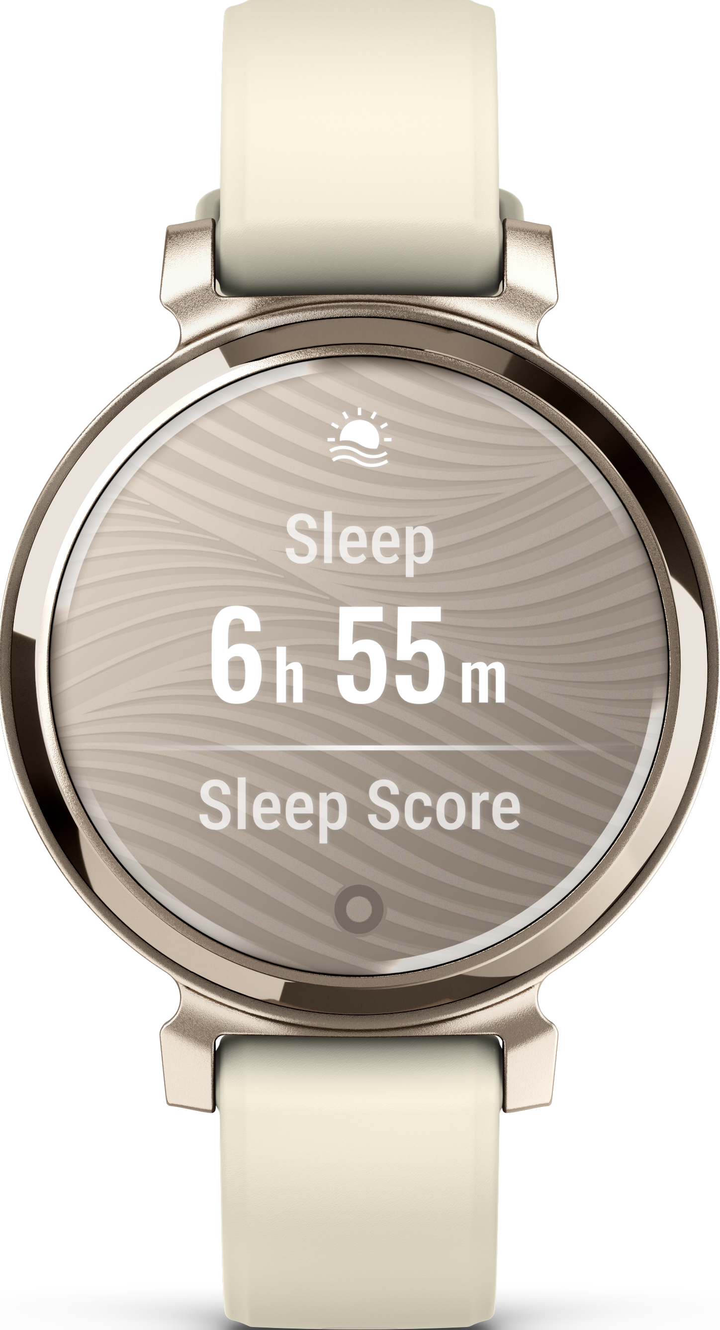 Cadran de montre connectée affichant les données de sommeil ; 6h 55m de sommeil, score de sommeil.