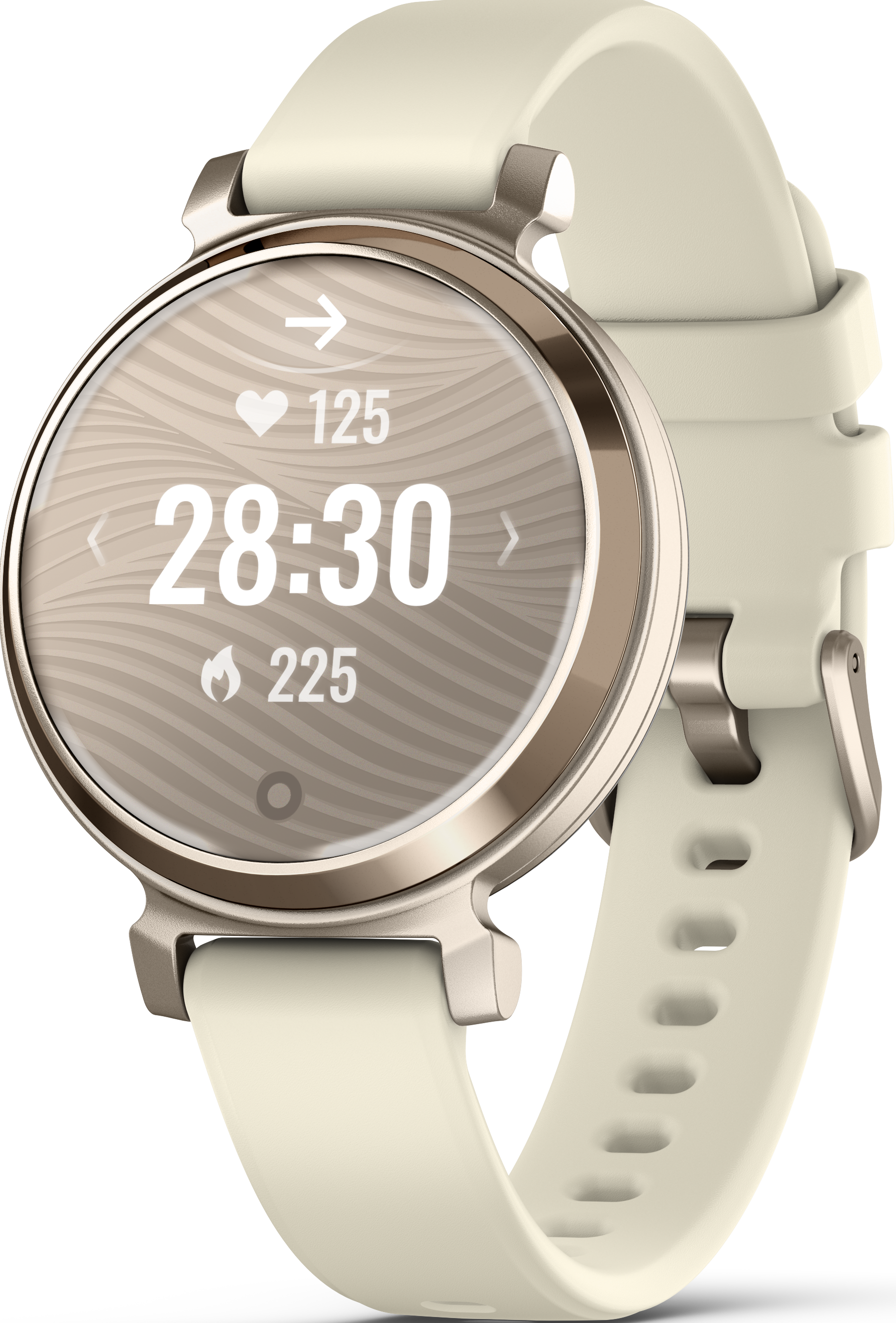 Une montre connectée beige avec écran rond et bracelet crème.