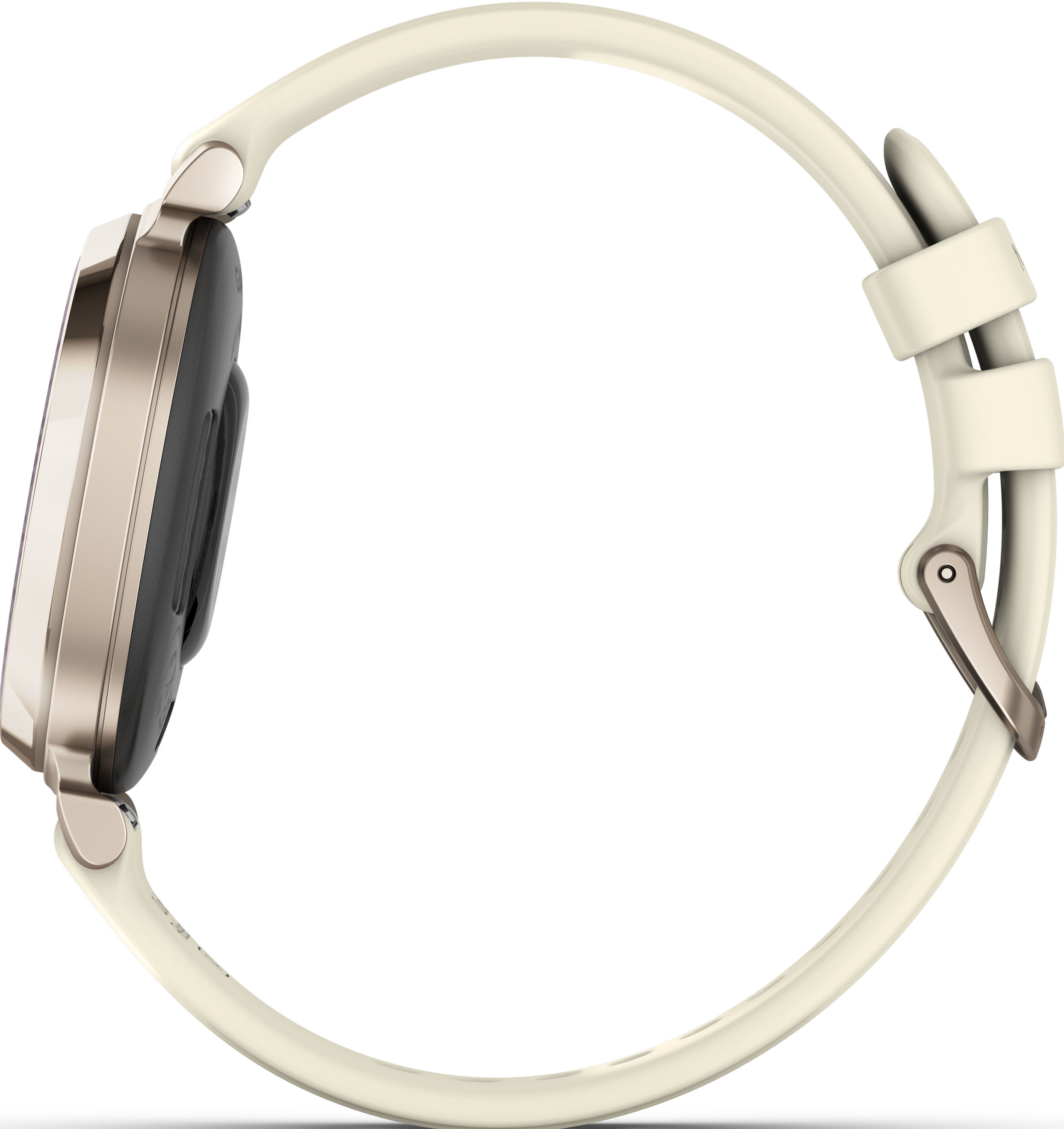 Une montre connectée crème avec un cadre doré et un bracelet blanc est montrée de côté.