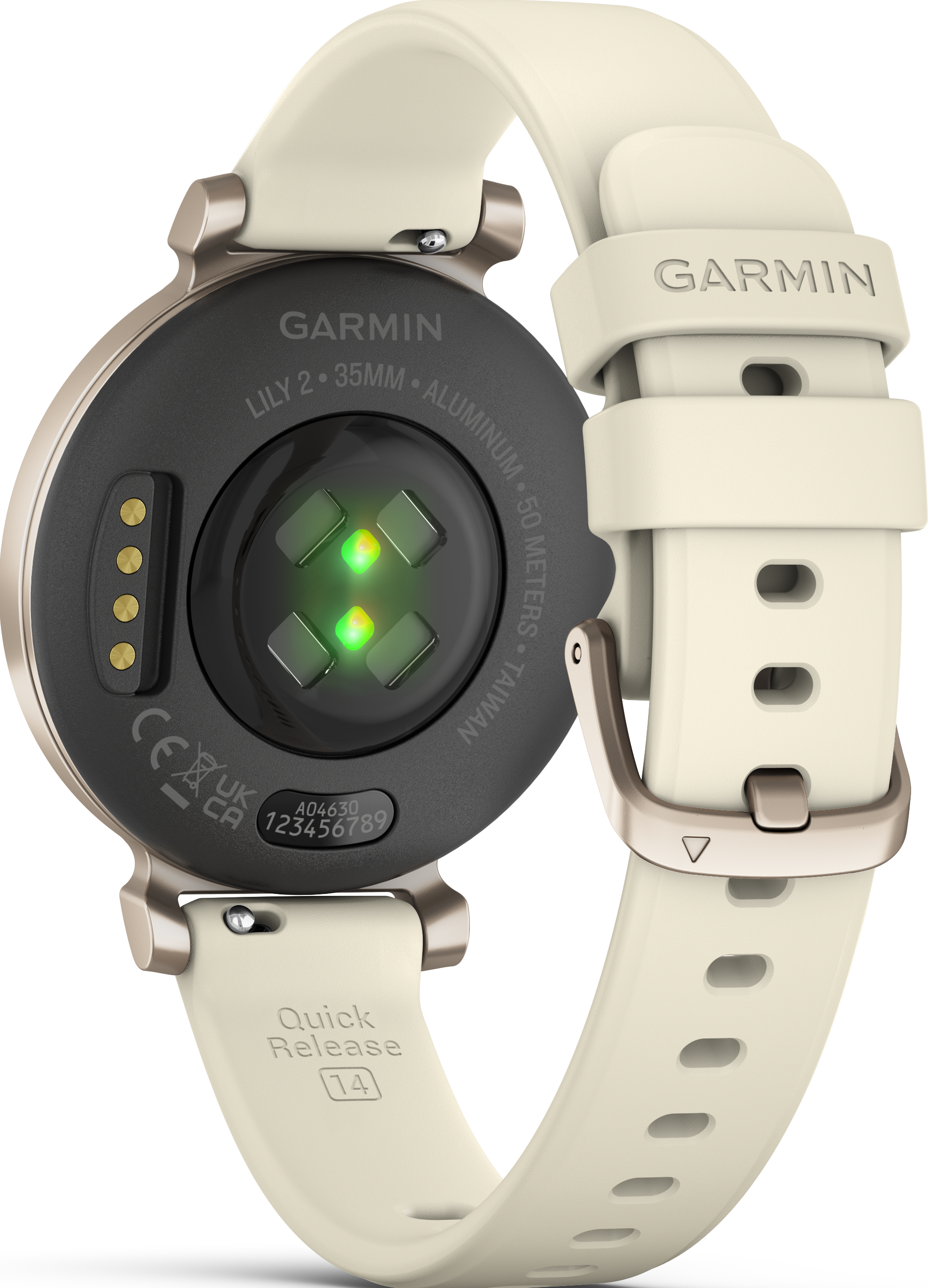Dos de la montre connectée Garmin. Bracelet beige, zone de capteur noire et boîtier doré. Fréquence cardiaque et contacts de charge visibles.