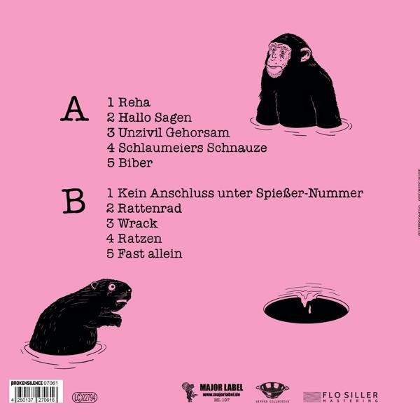 Schwarzer Affe und Biber im Wasser, Songliste auf rosa Hintergrund.
