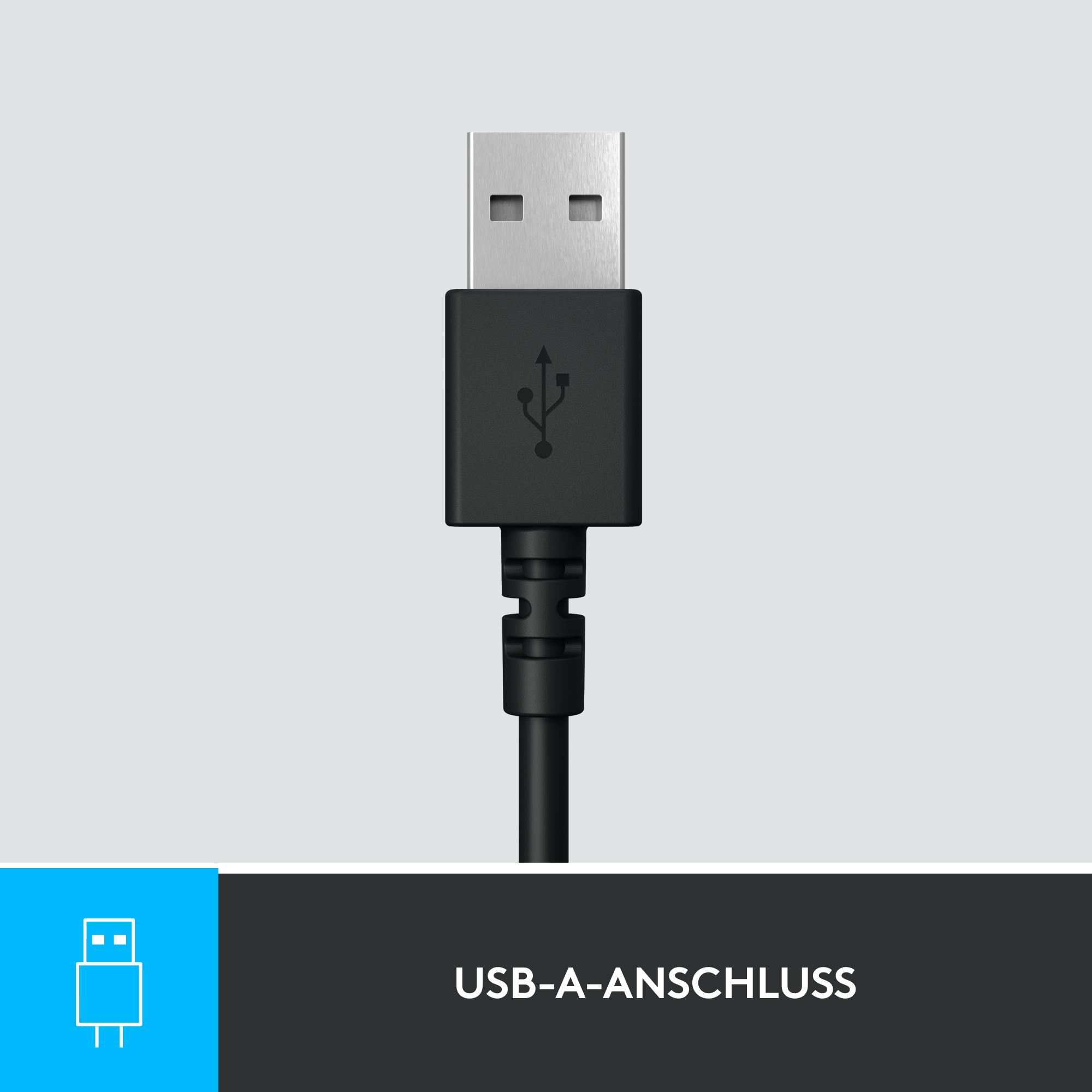 Ein USB-A-Anschluss auf weißem Hintergrund. Der Stecker ist schwarz mit dem USB-Symbol und das Ende ist metallisch.