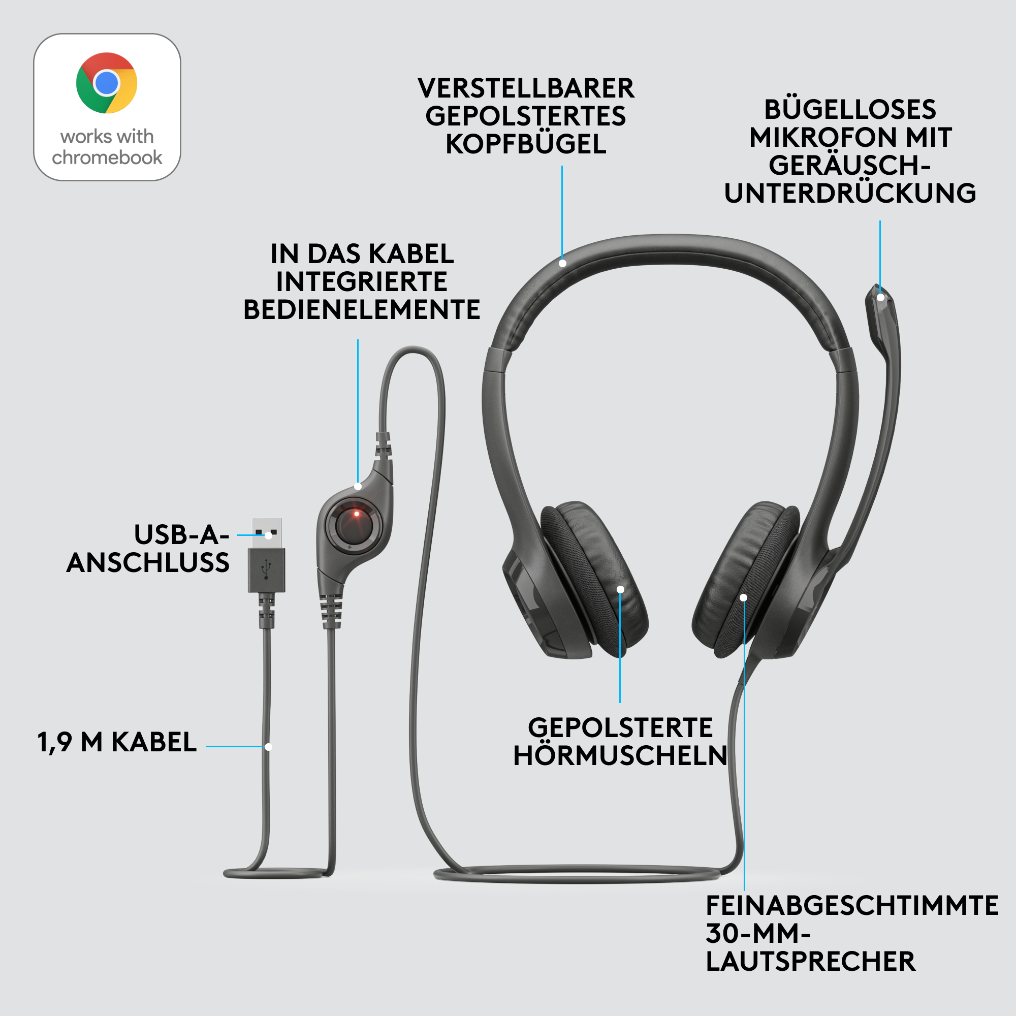 Schwarzes Headset mit verstellbarem, gepolstertem Kopfbügel, geräuschunterdrückendem Mikrofon und USB-A-Anschluss.