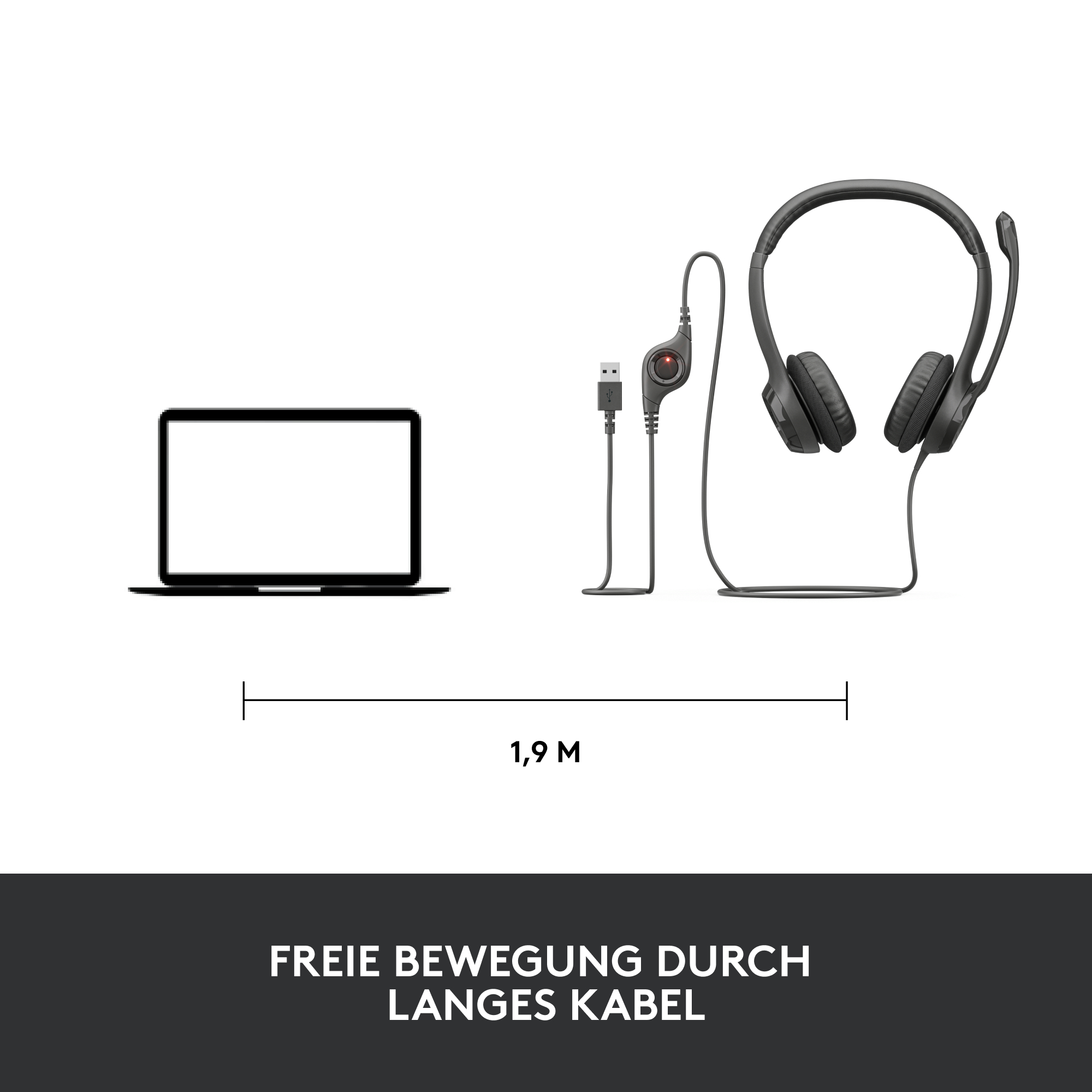 Ein Laptop, ein Headset und ein USB-Kabel, mit einer 1,9 m Messung.