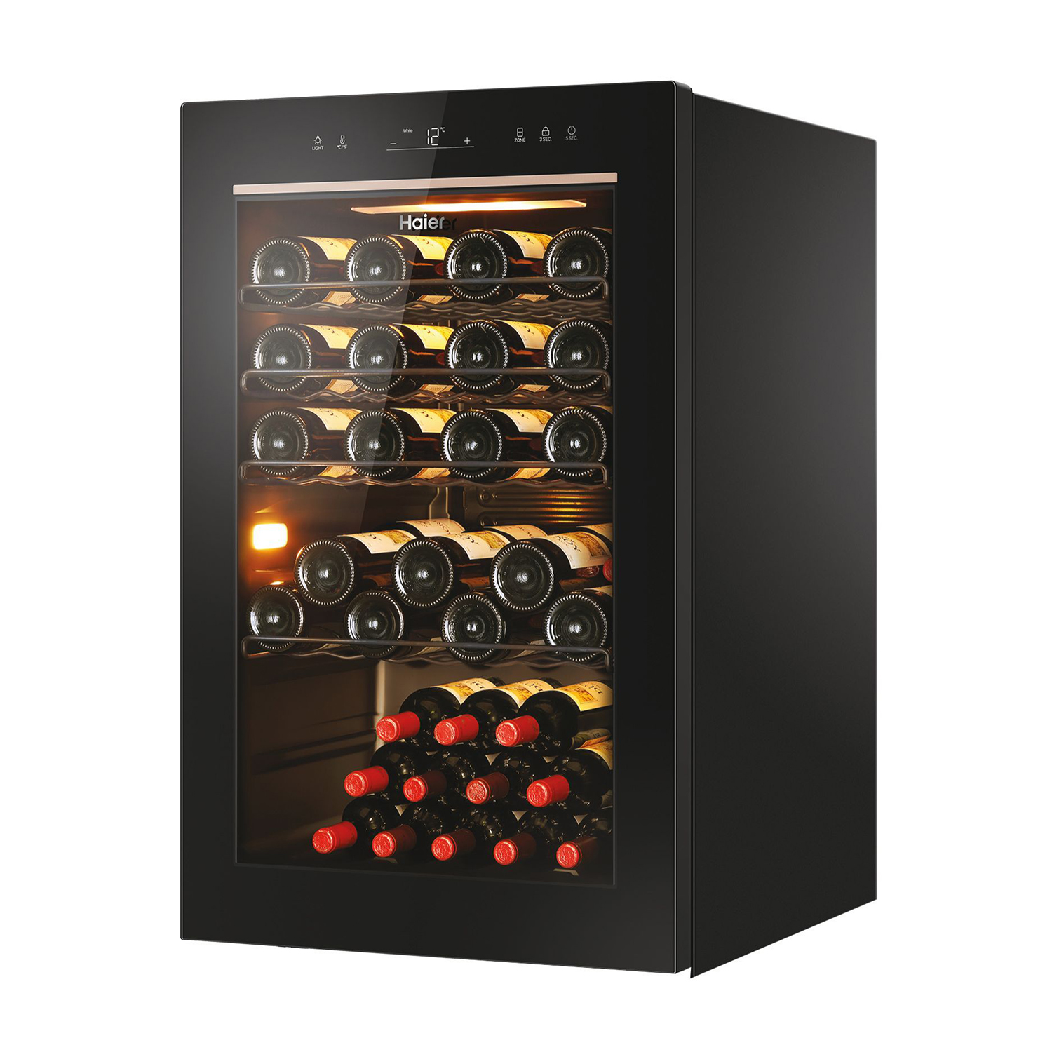 Cantinetta nera con bottiglie, porta in vetro e comandi. Interno illuminato.