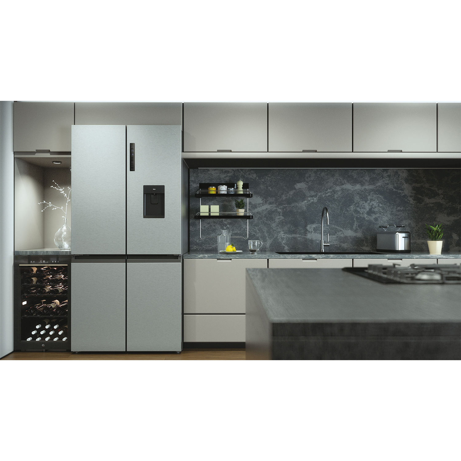 Una cucina moderna con frigorifero in acciaio inossidabile, cantina e piano di lavoro scuro.