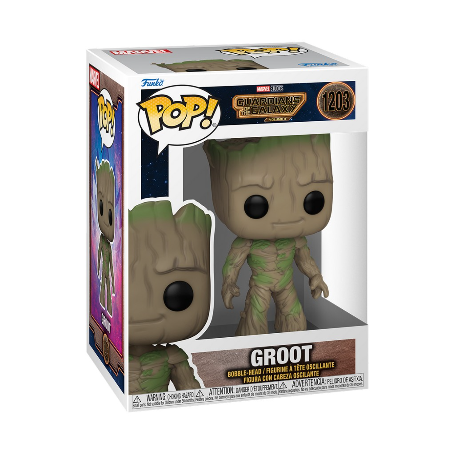 Funko Pop figure of Groot in box. The figure is in the box, ready to be displayed.