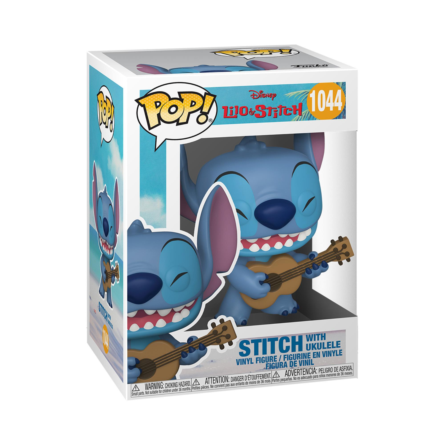 Stitch with ukulele Pop! figure in a box. Stitch plays the ukulele.