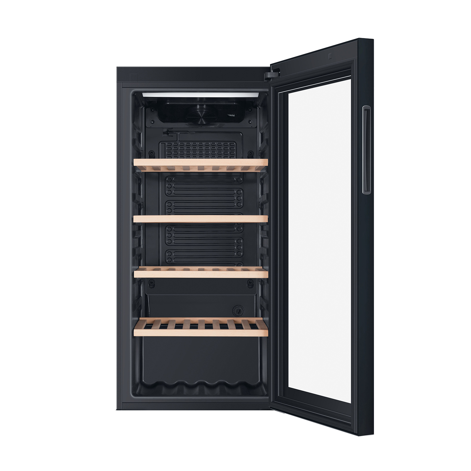 Cantinetta con la porta aperta, che rivela ripiani in legno e un interno nero. La porta è in vetro.