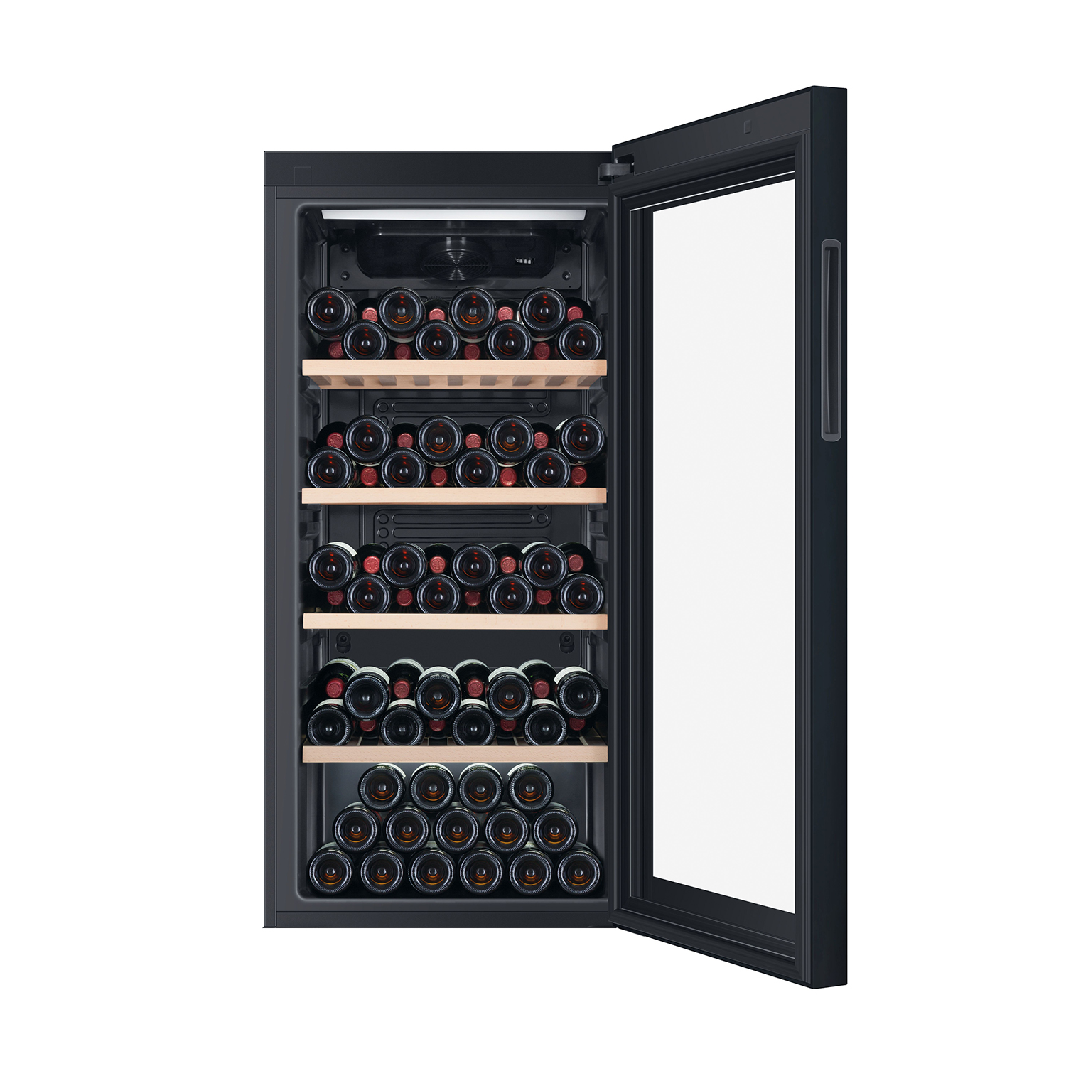 Un portabottiglie con porta a vetro che mostra bottiglie.