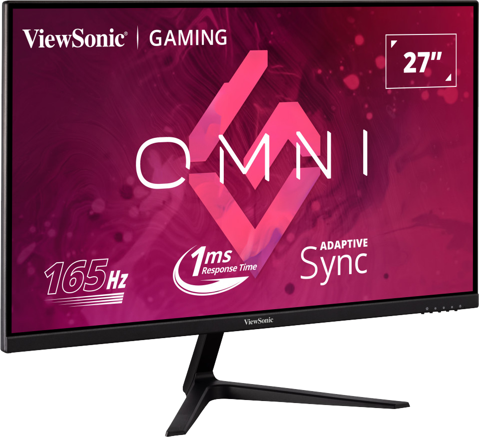 27 hüvelykes gamer monitor OMNI márkajelzéssel és Adaptive Sync-kel, fekete kerettel, állványon.
