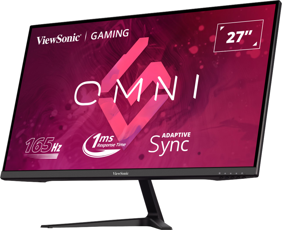 Egy 27 colos ViewSonic gaming monitor fekete állvánnyal, piros-fehér kijelzővel.