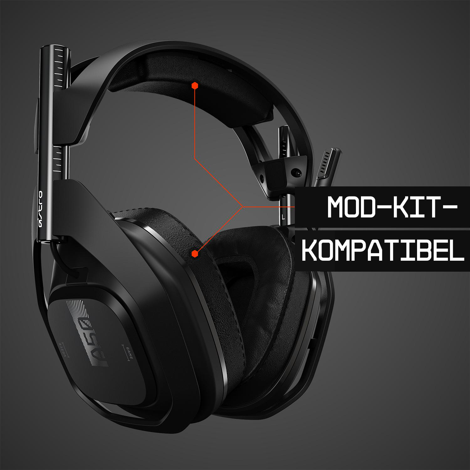 Schwarzes Gaming-Headset mit Text und roten Akzenten. Schwarzer Hintergrund.