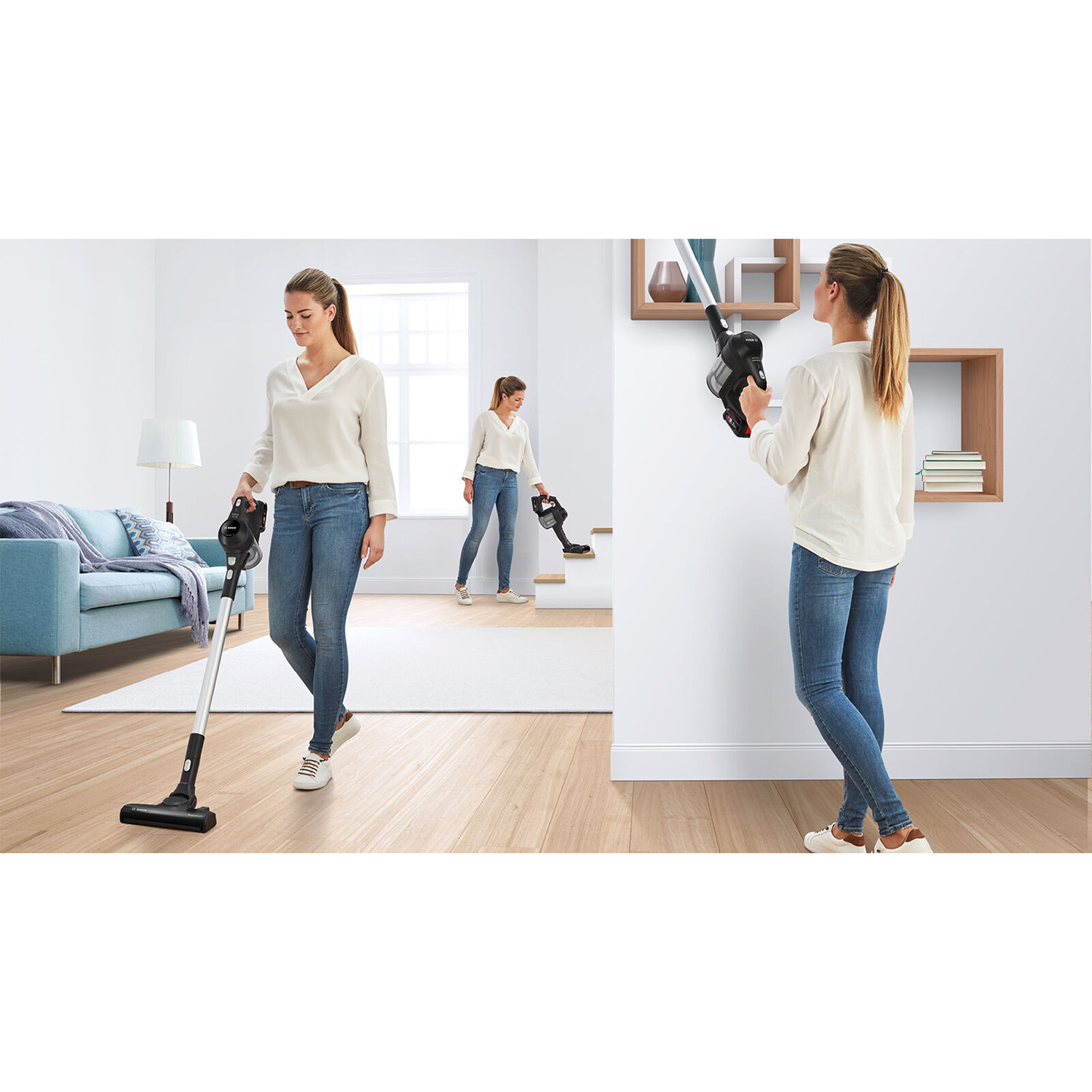 Donna che usa un aspirapolvere in diverse scene, mostrando la versatilità dell'elettrodomestico.