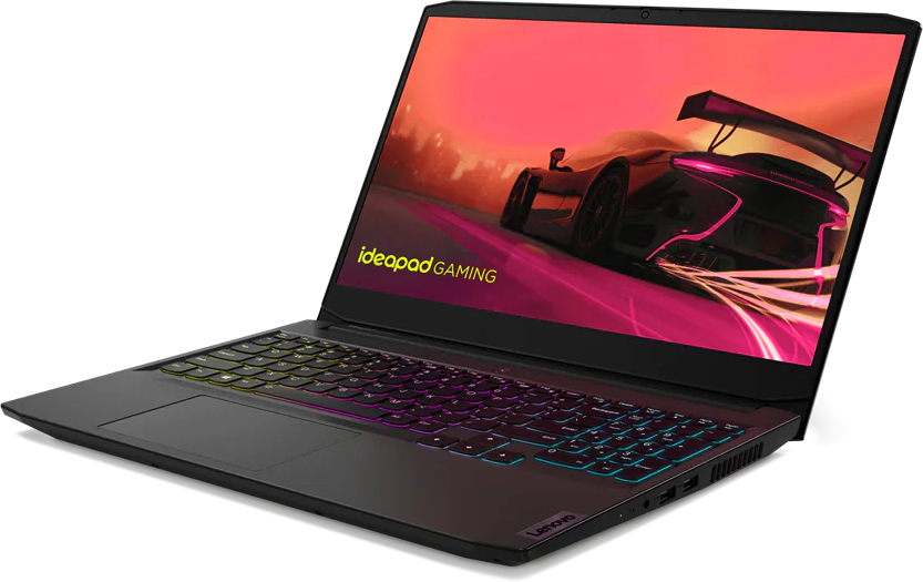 Fekete Lenovo laptop nyitva, színes képernyővel. A billentyűzet különböző színekkel világít.