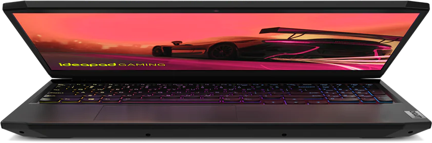 Laptop egy autóverseny jelenetet mutat piros és sárga fénnyel.