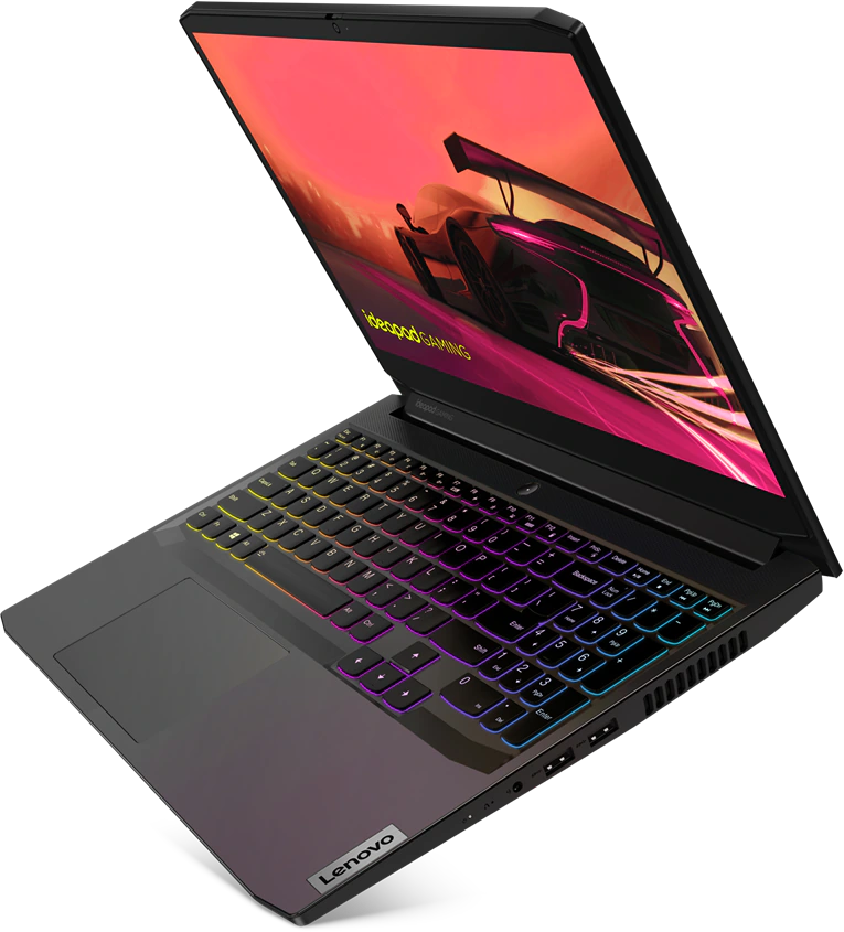 Laptop színes billentyűzettel, versenyautó játékot mutat.