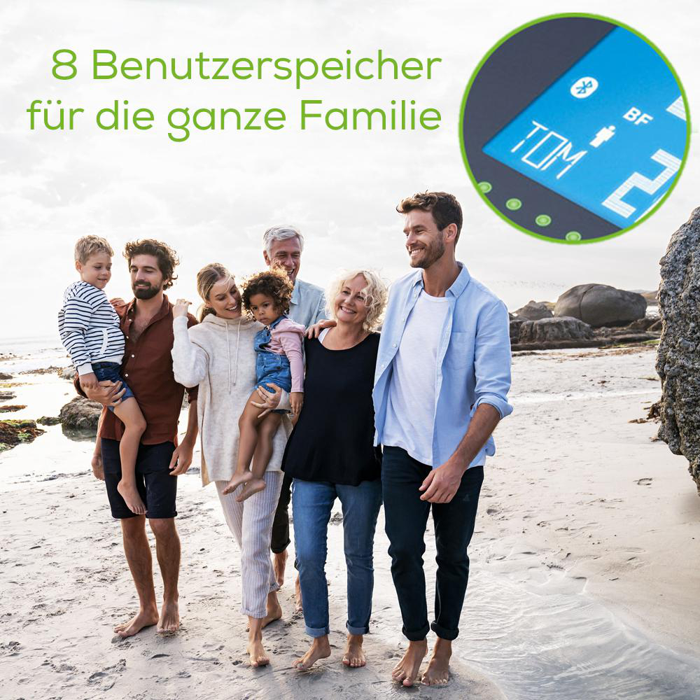 Familie geht am Strand spazieren. Ein Text-Overlay bewirbt ein Gerät und seine 8 Benutzerprofile.