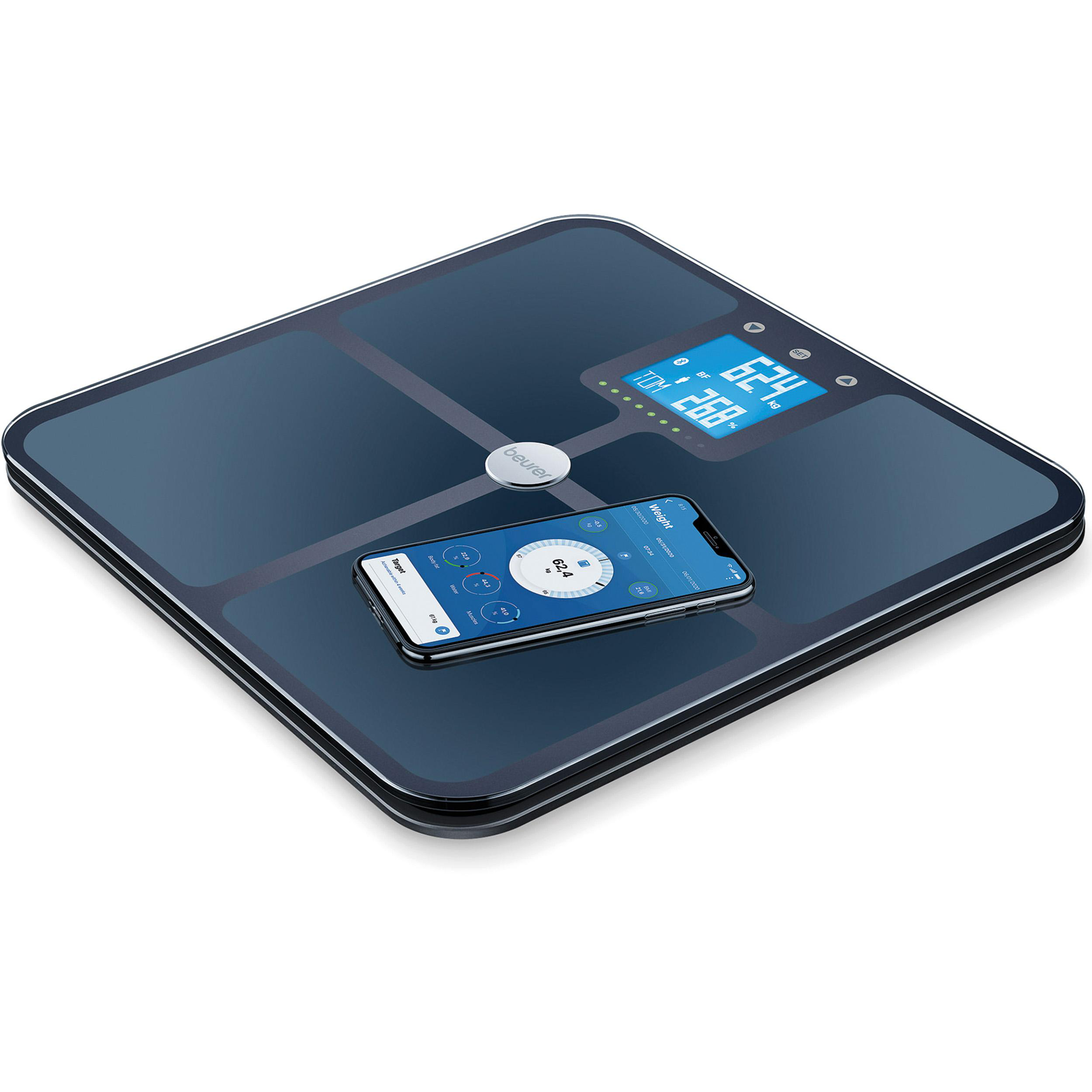 Eine schwarz-blaue intelligente Waage mit einem Telefon, das Gesundheitsdaten anzeigt.