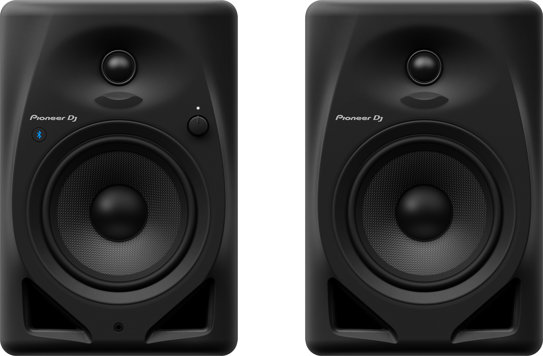 Due altoparlanti Pioneer DJ neri. Vista frontale, con griglie a rete, manopole di controllo e il logo Pioneer DJ.