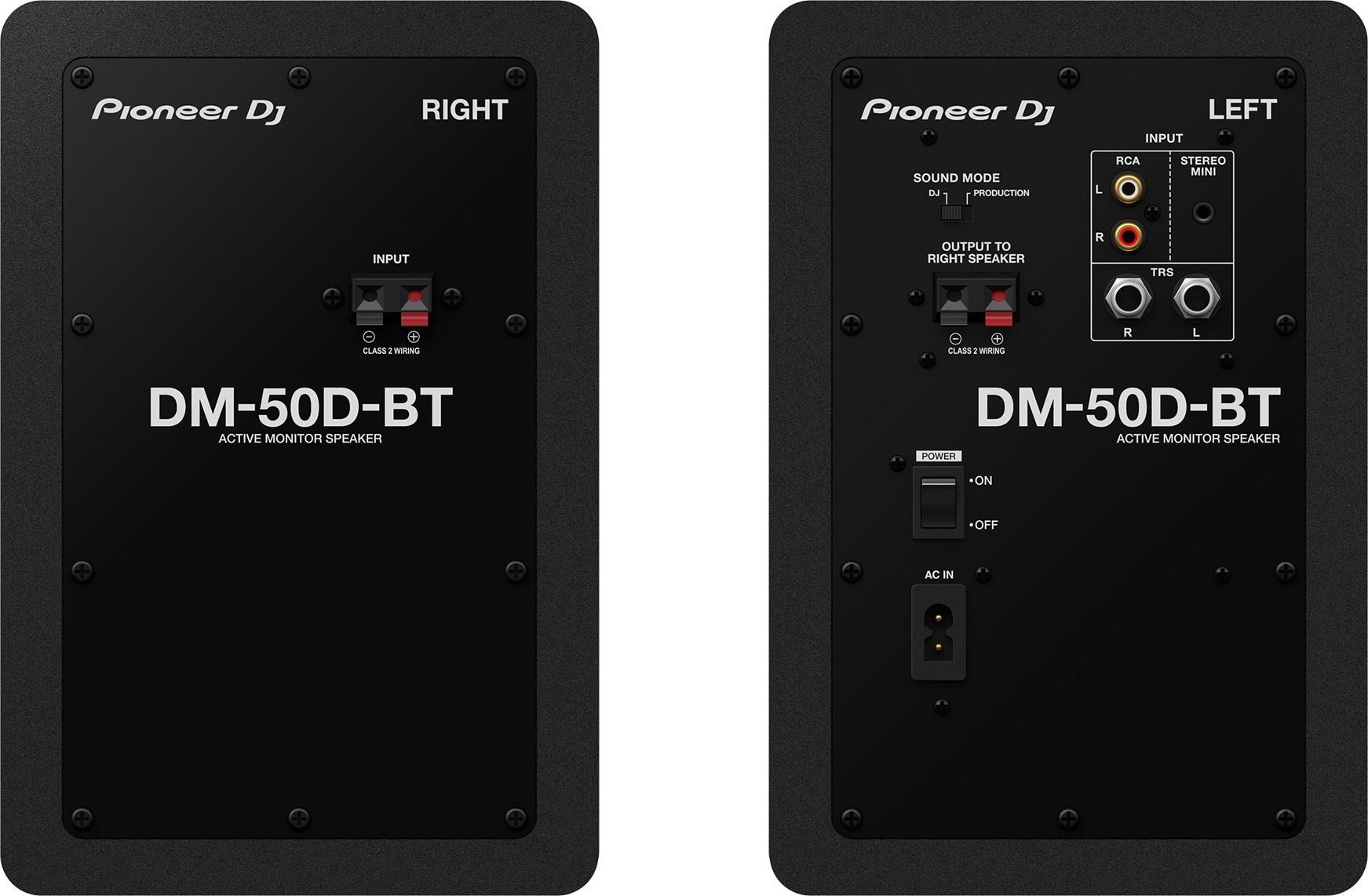 Due schienali di altoparlanti neri con marchio Pioneer DJ e porte di ingresso/uscita.