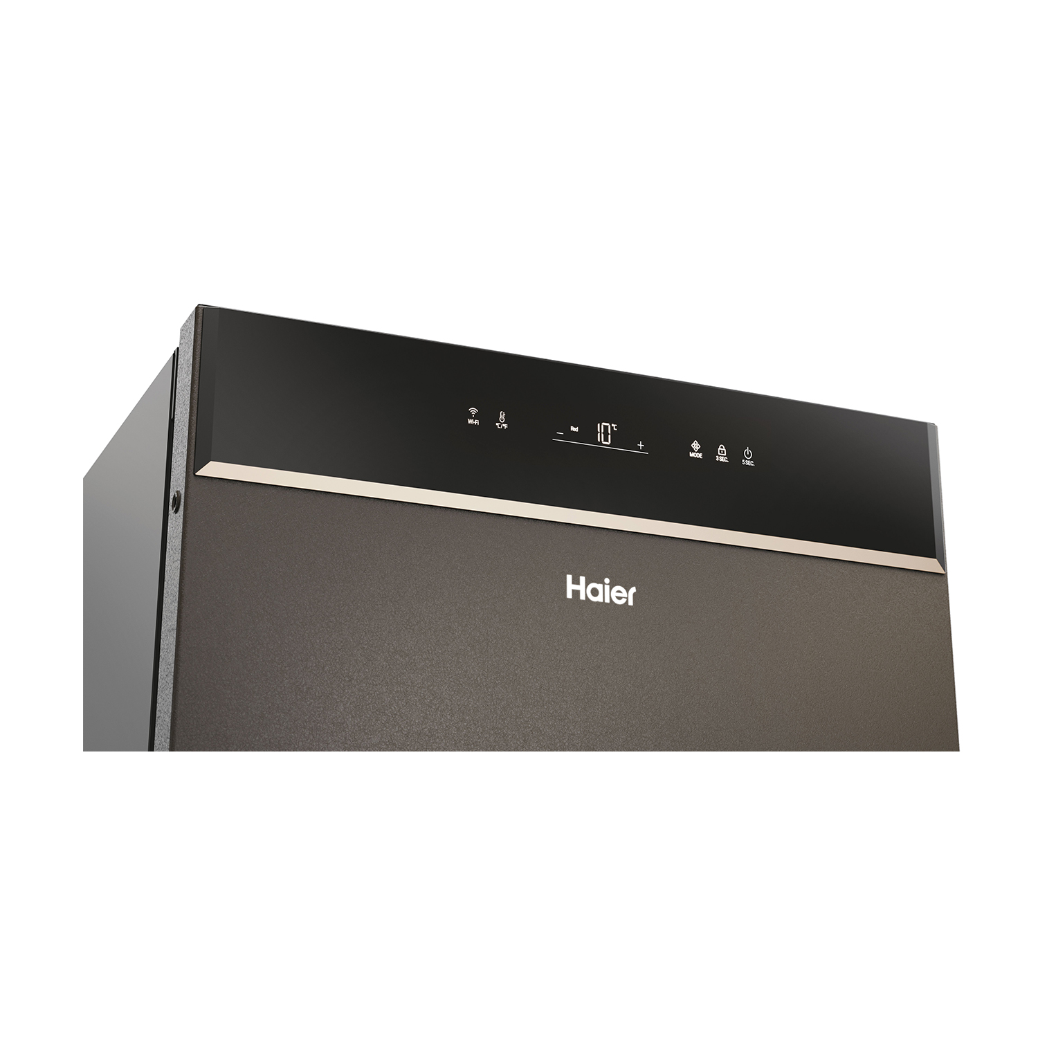 Primo piano di un pannello di controllo nero e grigio di un elettrodomestico Haier con display e logo.