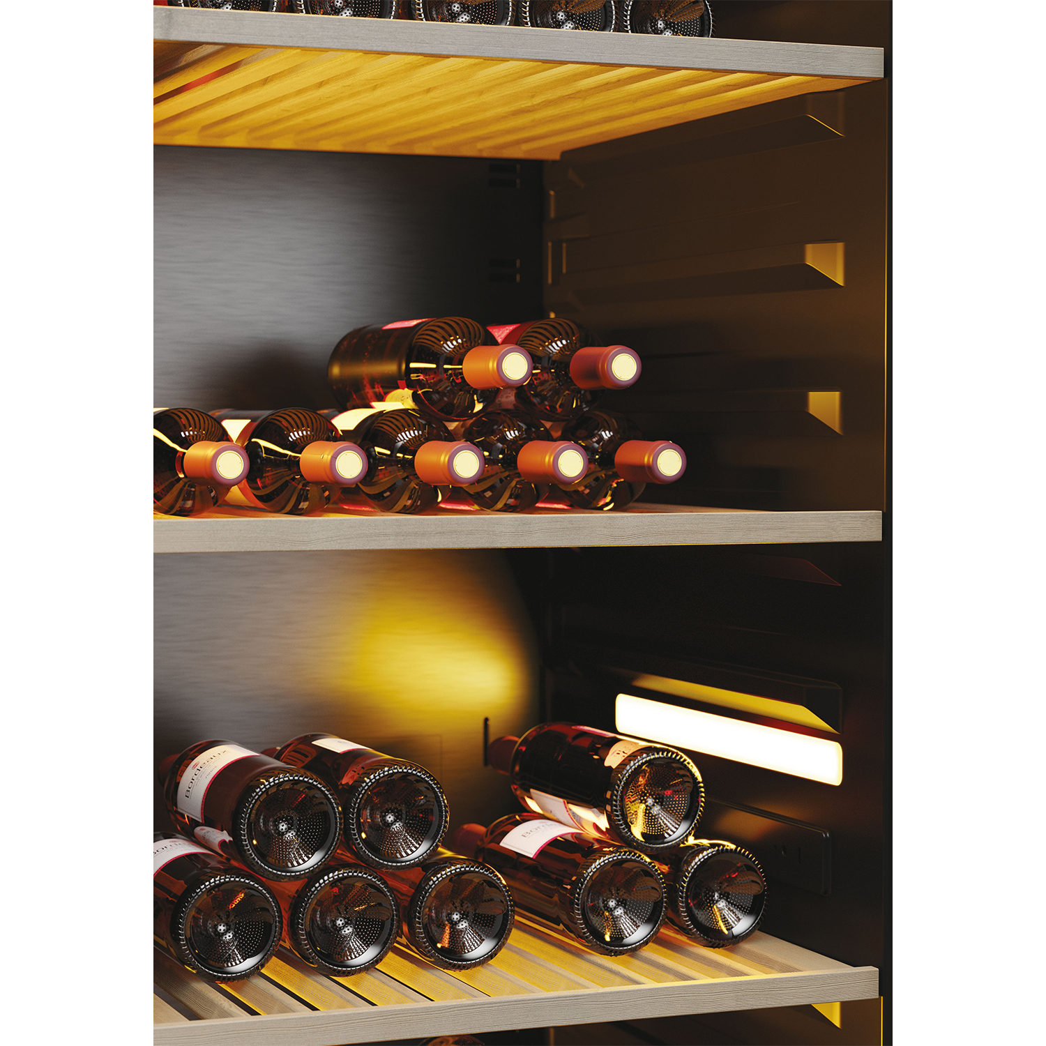 Primo piano dell'interno di una cantinetta con più bottiglie di vino su ripiani, con illuminazione.