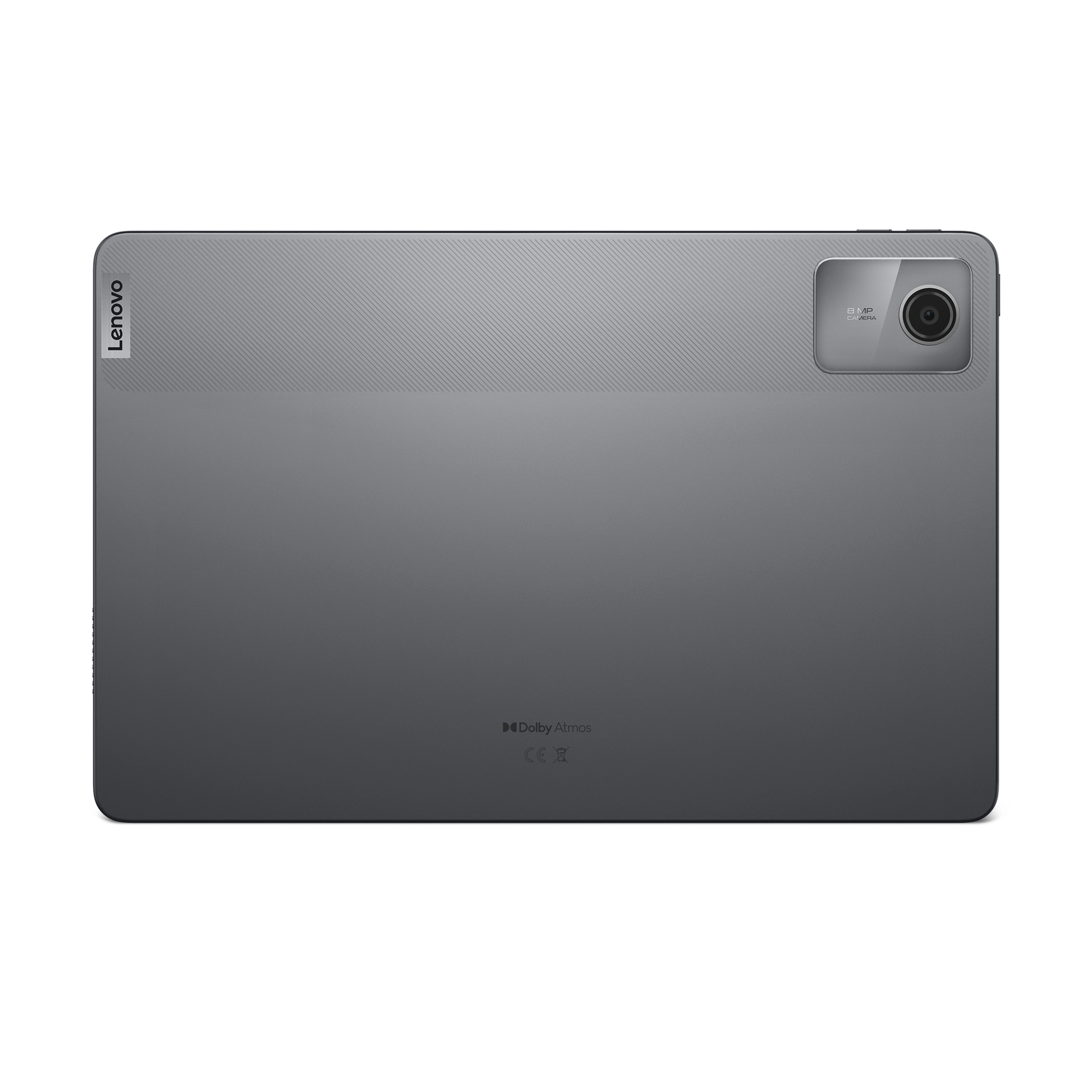 Graue Lenovo-Tablet-Rückseite. Kamera und Dolby Atmos-Logo sichtbar.