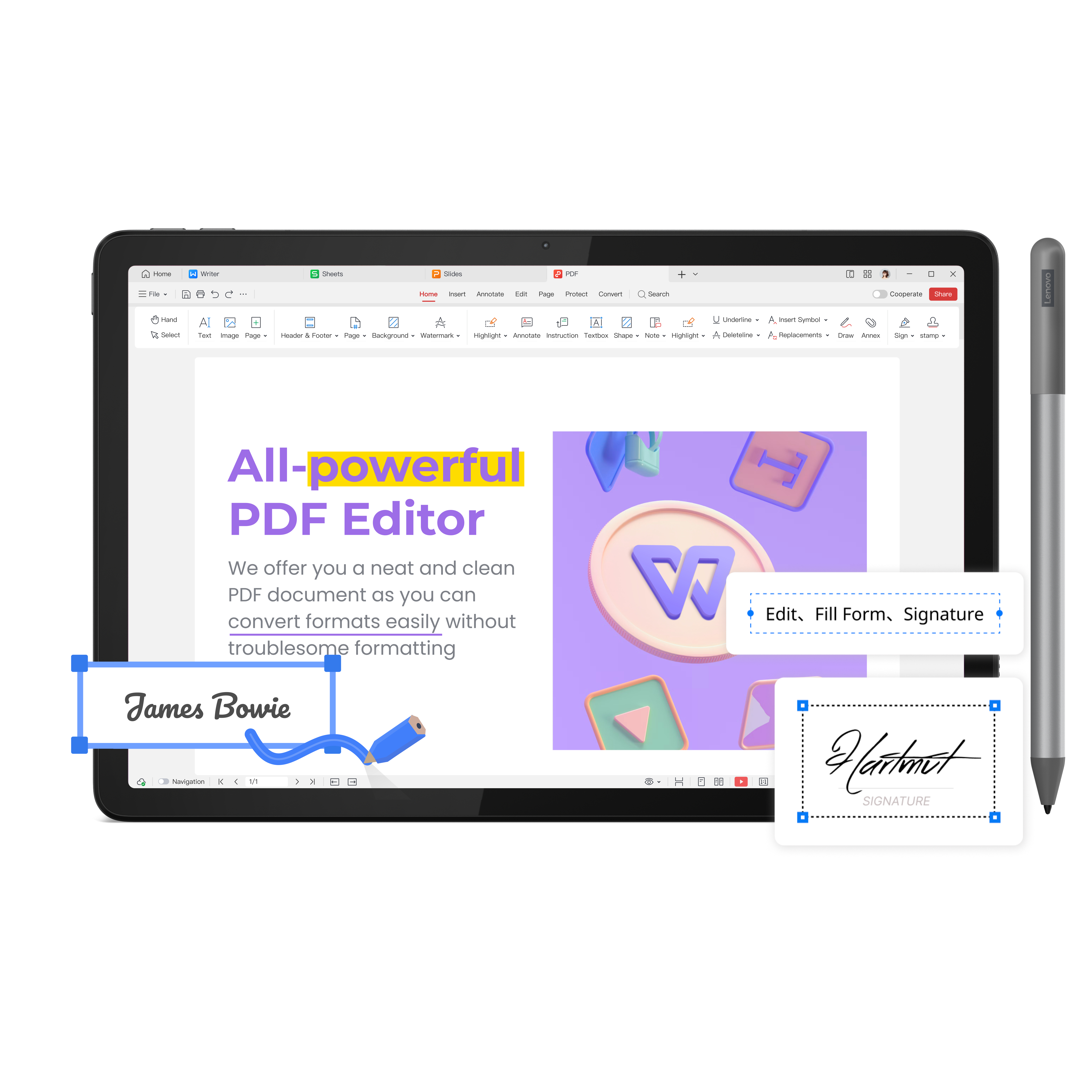 Tablet mit PDF-Editor-Oberfläche und Stift. Enthält Text- und Signaturoptionen.