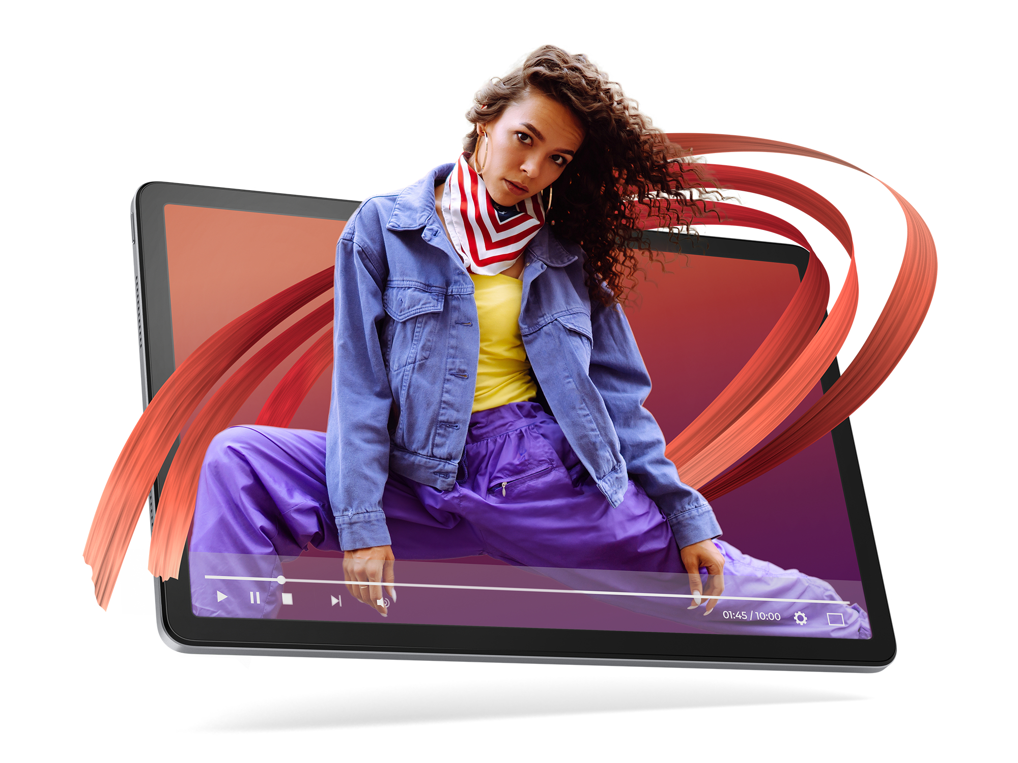 Frau auf dem Tablet-Bildschirm, trägt Jeansjacke und lila Hose. Rote Bänder wirbeln.