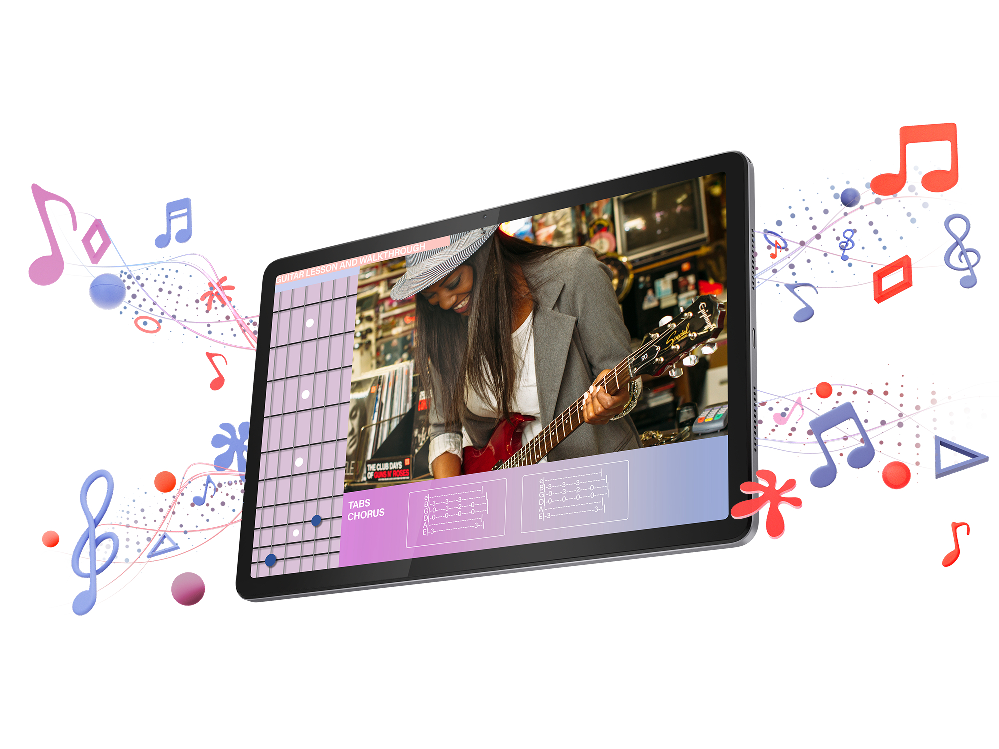 Ein Tablet zeigt einen Gitarrenunterricht mit Noten und einer Gitarre spielenden Frau.