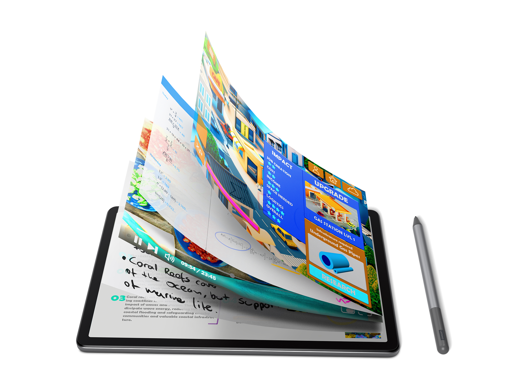 Ein Tablet mit umblätternden Seiten und einem Stift an der Seite.