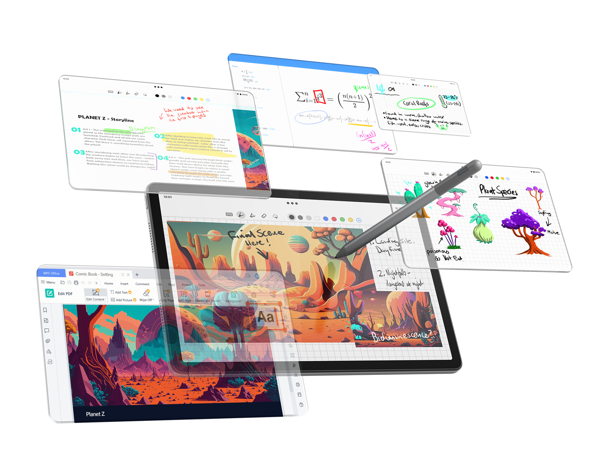 Tablet mit mehreren Bildschirmen, die Notizen und Zeichnungen zeigen, mit Stift.