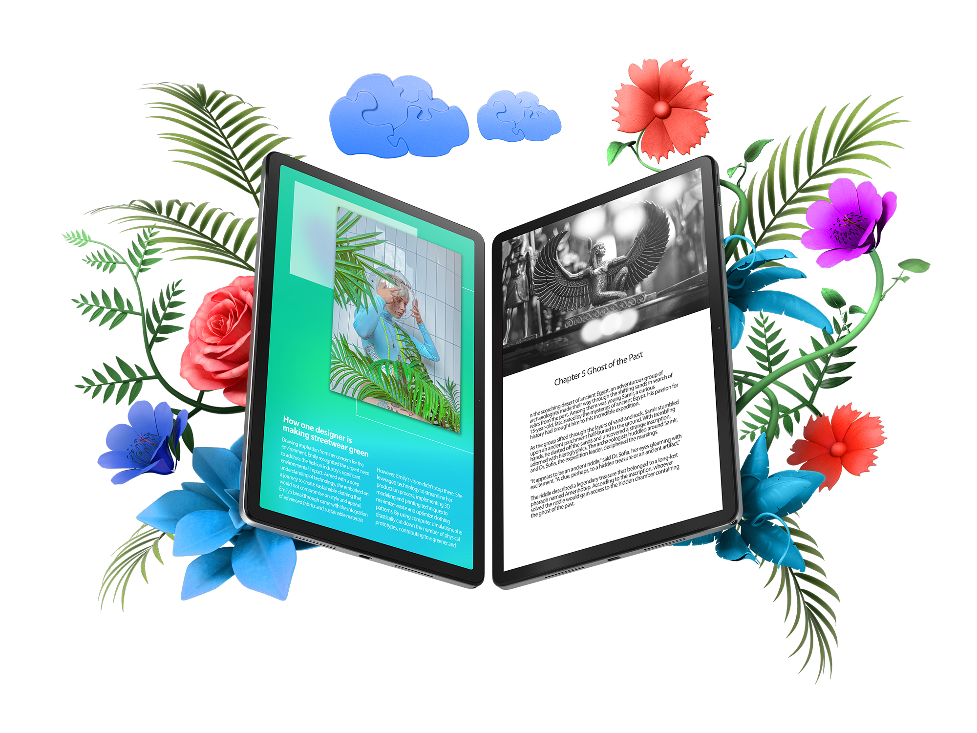 Zwei Tablets mit Inhalten, umgeben von Blumen, Blättern und Wolken, vor weißem Hintergrund.