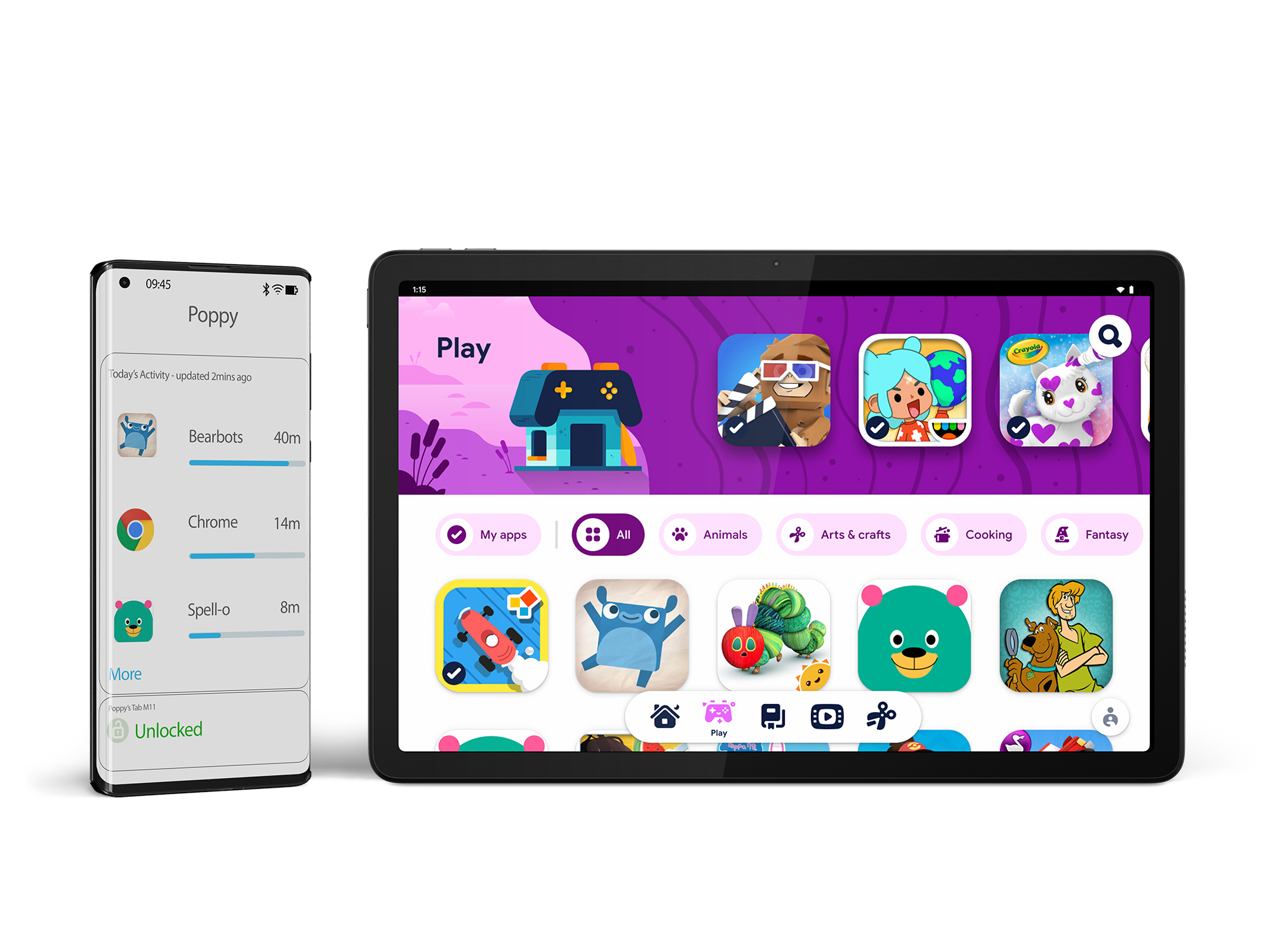 Tablet- und Telefonbildschirme mit App-Anzeigen. Tablet zeigt bunte Spielsymbole und UI.