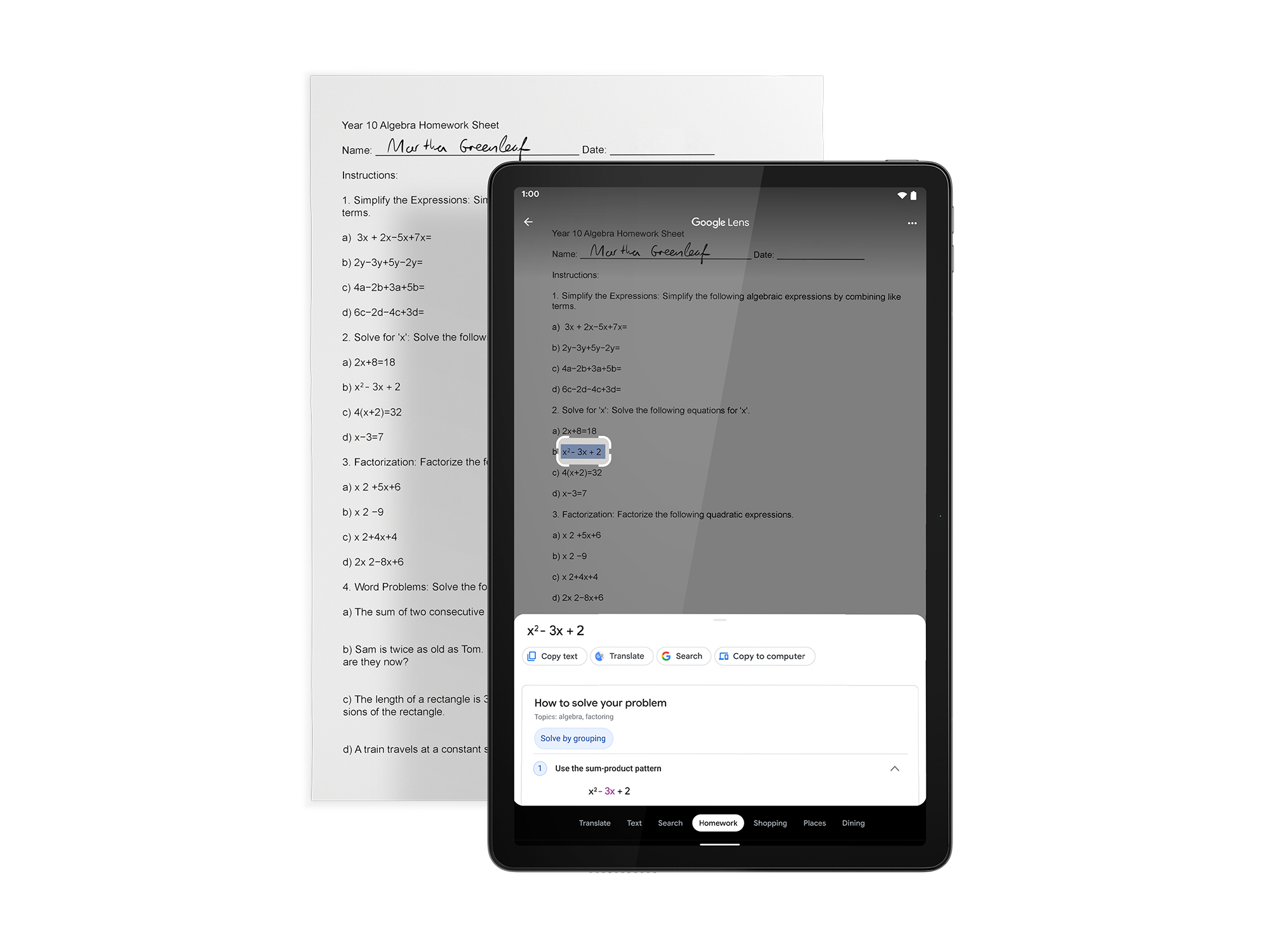 Ein Tablet zeigt ein Mathe-Hausaufgabenblatt und die Google Lens-Oberfläche, die eine Gleichung zum Lösen hervorhebt.