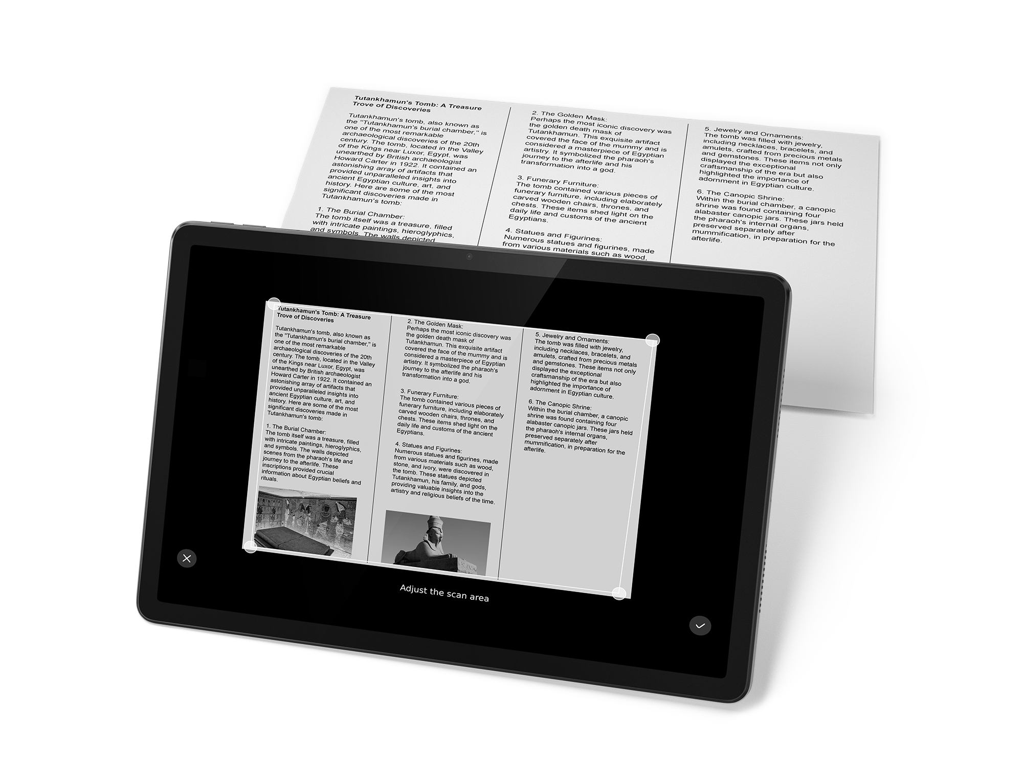 Ein Tablet scannt ein Papier. Das Papier liegt auf dem Tablet. Schwarzweißbild.