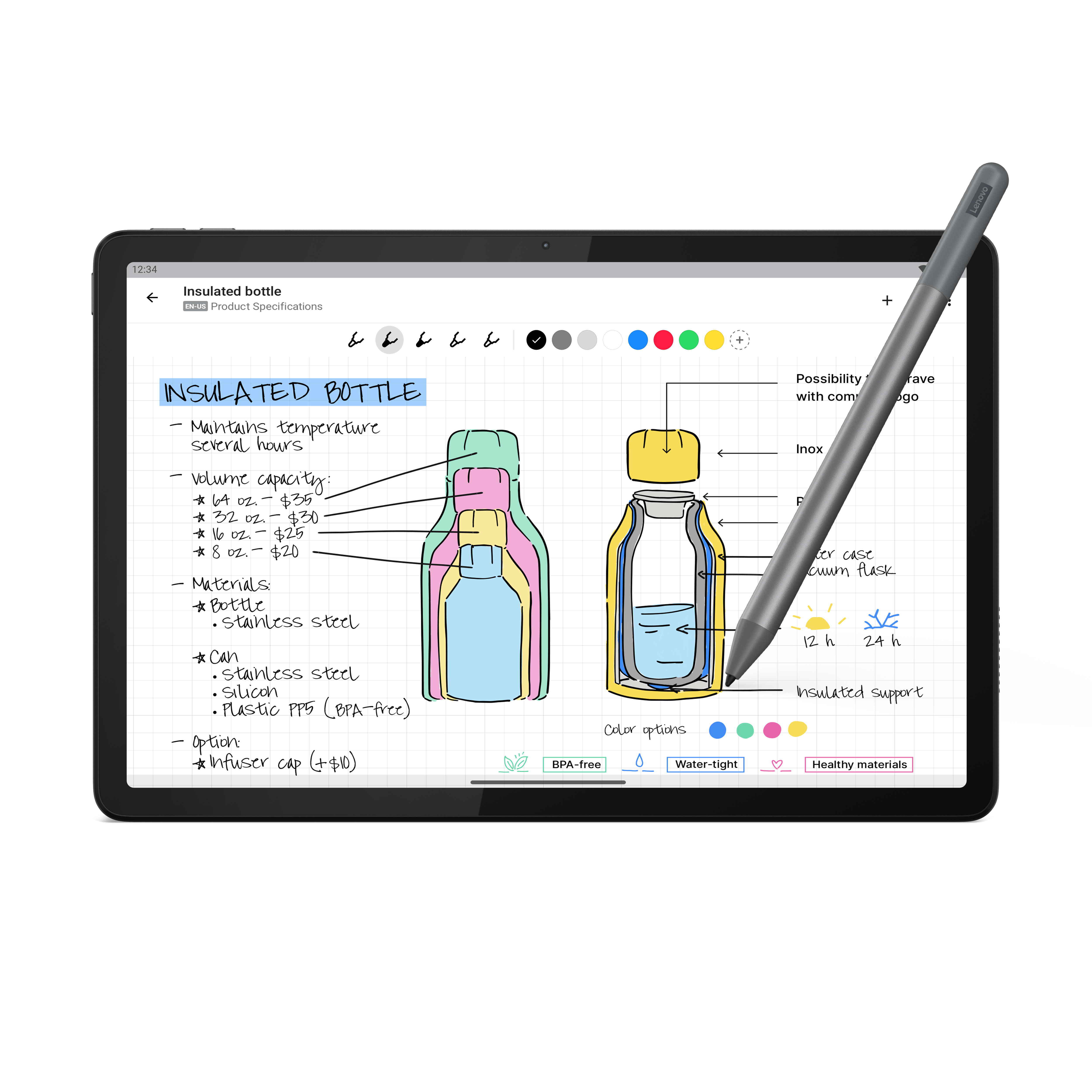 Tablet mit Zeichnung einer isolierten Flasche, einem Stift und einem Rasterhintergrund.