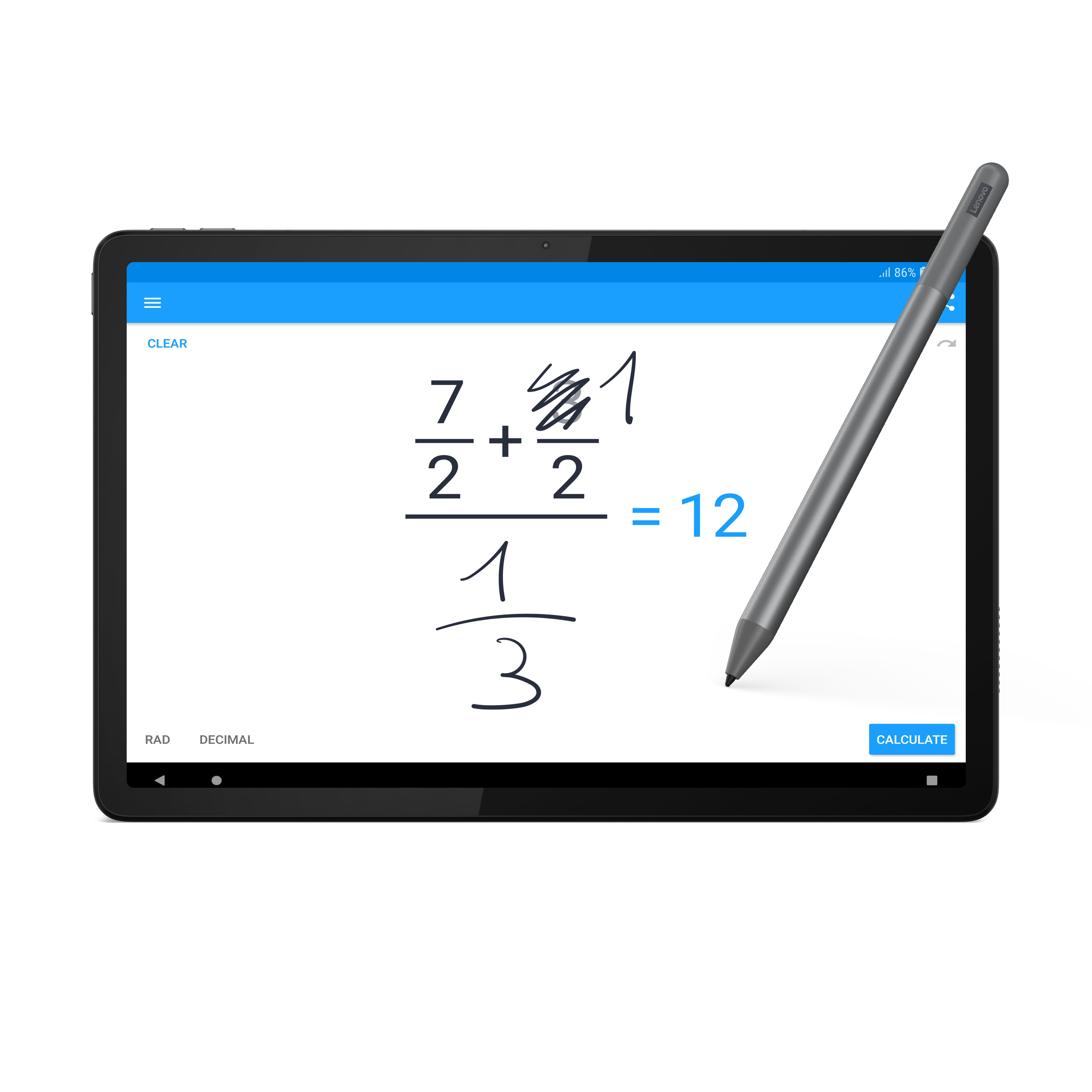Ein Tablet mit mathematischen Gleichungen auf dem Bildschirm. Ein Stift schwebt über dem Bildschirm.
