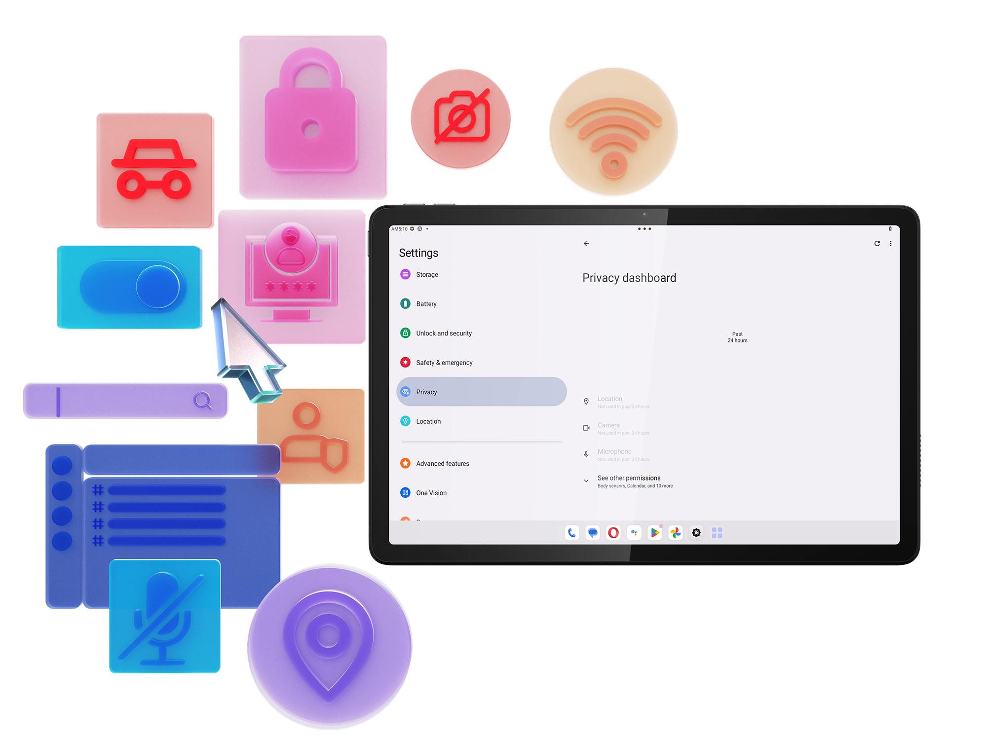 Tablet mit Symbolen drumherum. Zeigt Datenschutzeinstellungen. Symbole: Schloss, WLAN, Mikrofon.