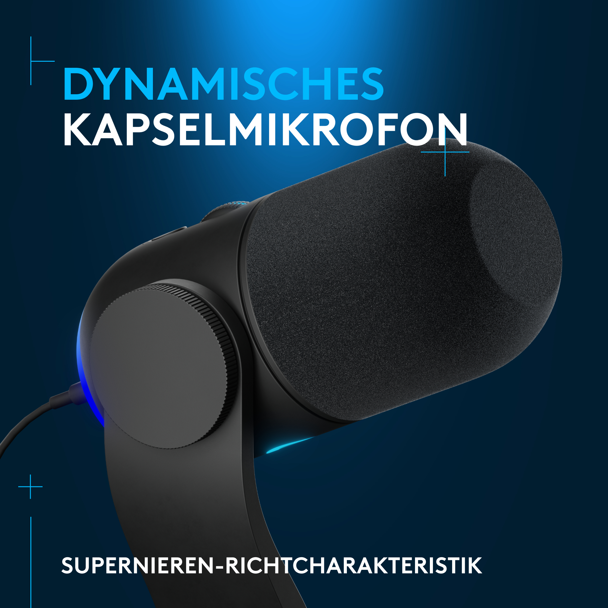 Schwarzes Mikrofon mit Text in Blau, auf blauem Hintergrund.