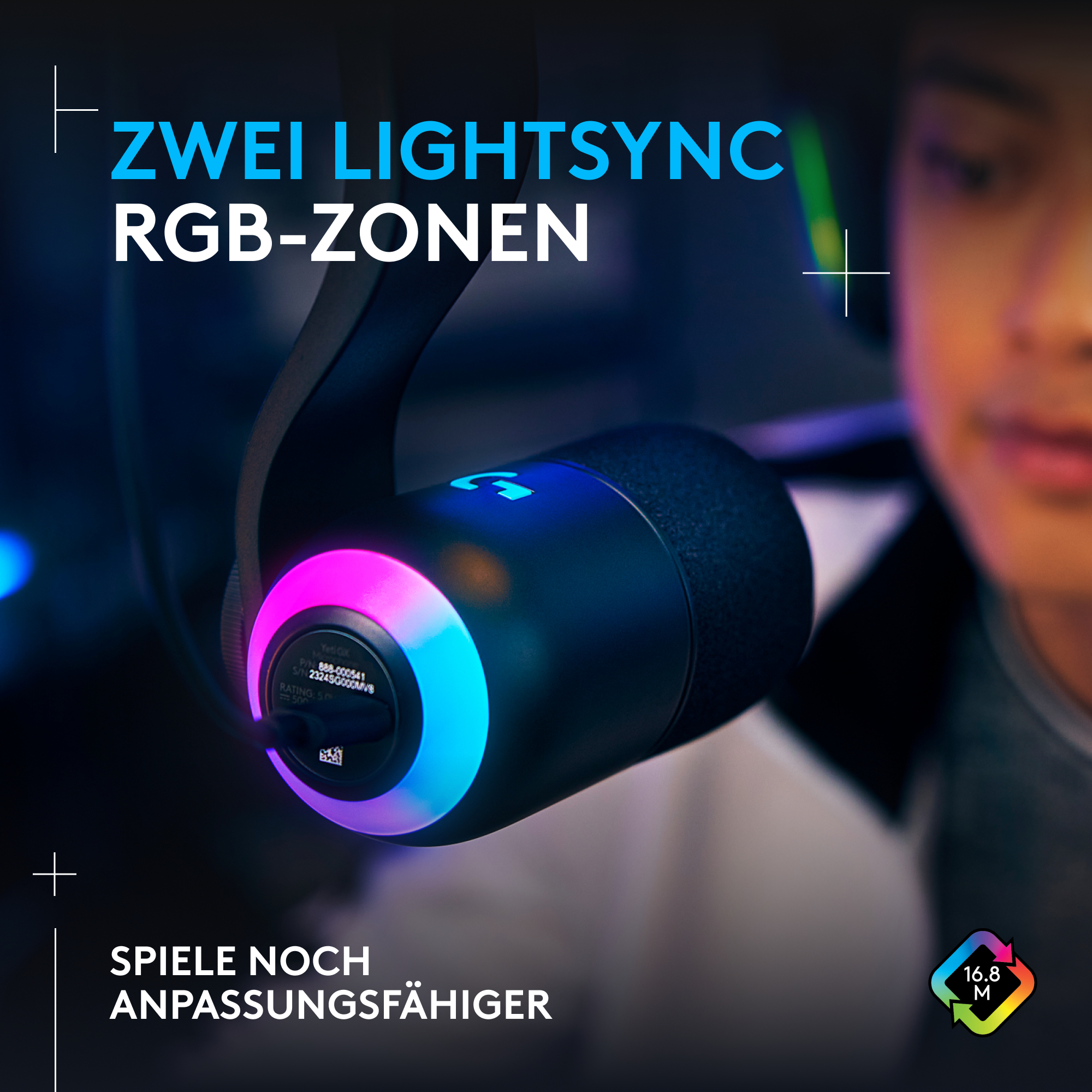 Kopfhörer mit Lightsync RGB-Zonen, mehrfarbig beleuchtet.