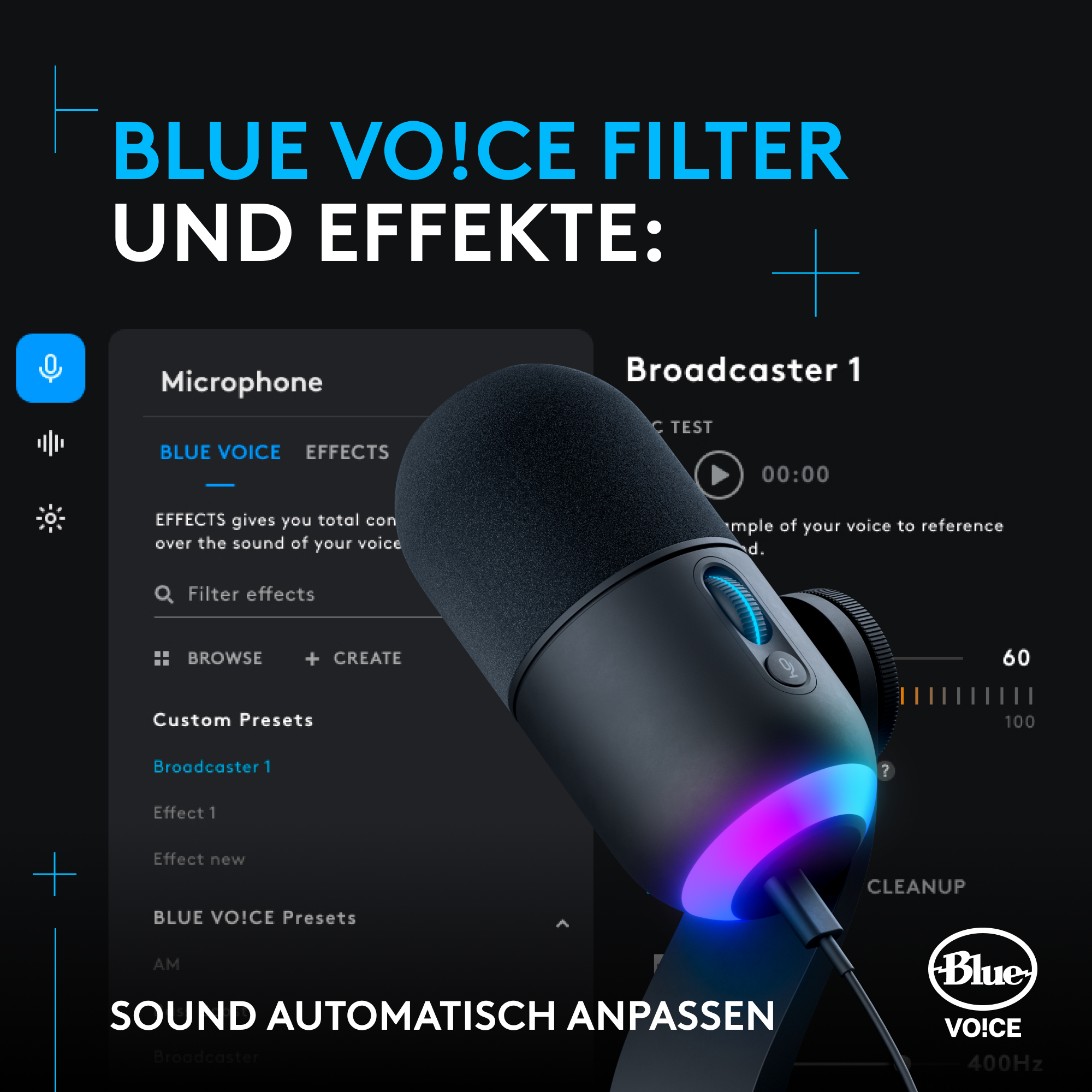 Mikrofon mit Oberfläche. Zeigt Einstellungen. Blaues und lila Licht. Schwarzer Hintergrund.