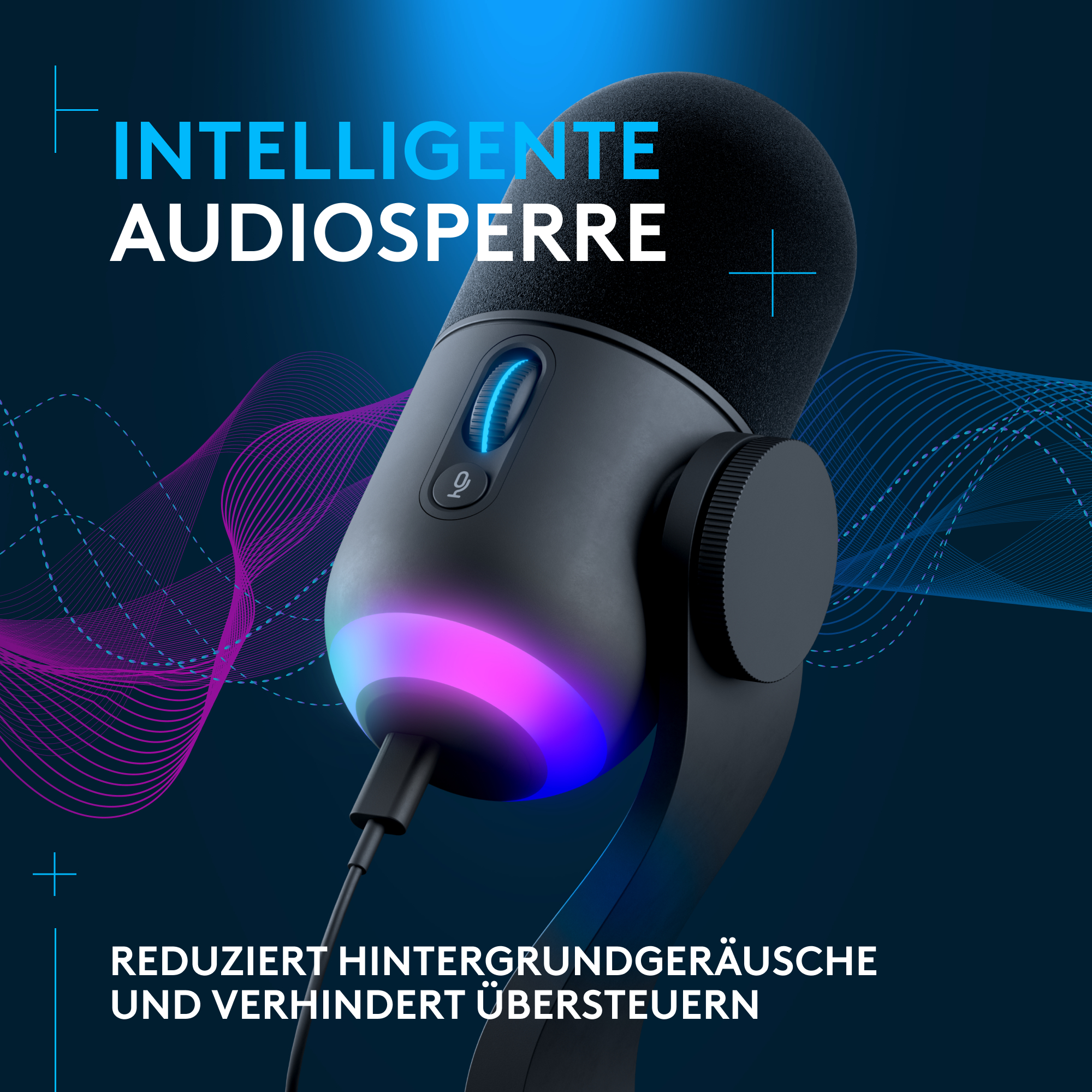 Schwarzes Mikrofon mit blauer und rosa Beleuchtung. Text: 'INTELLIGENTE AUDIOSPERRE'.