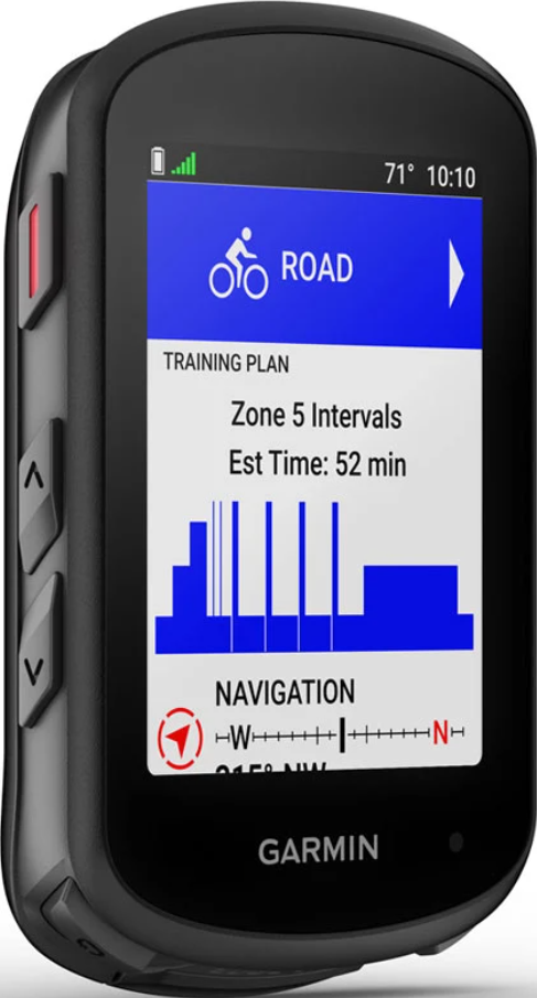 Dispositivo Garmin nero con informazioni sul piano di allenamento e navigazione.