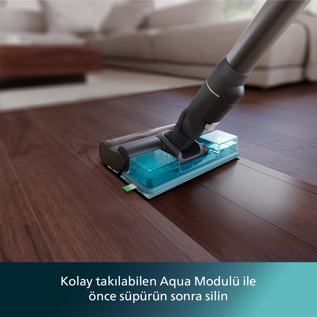 Zemin moplayan elektrikli süpürge. Mavi su tankı. Kahverengi zemin. Arka plan bir oda.