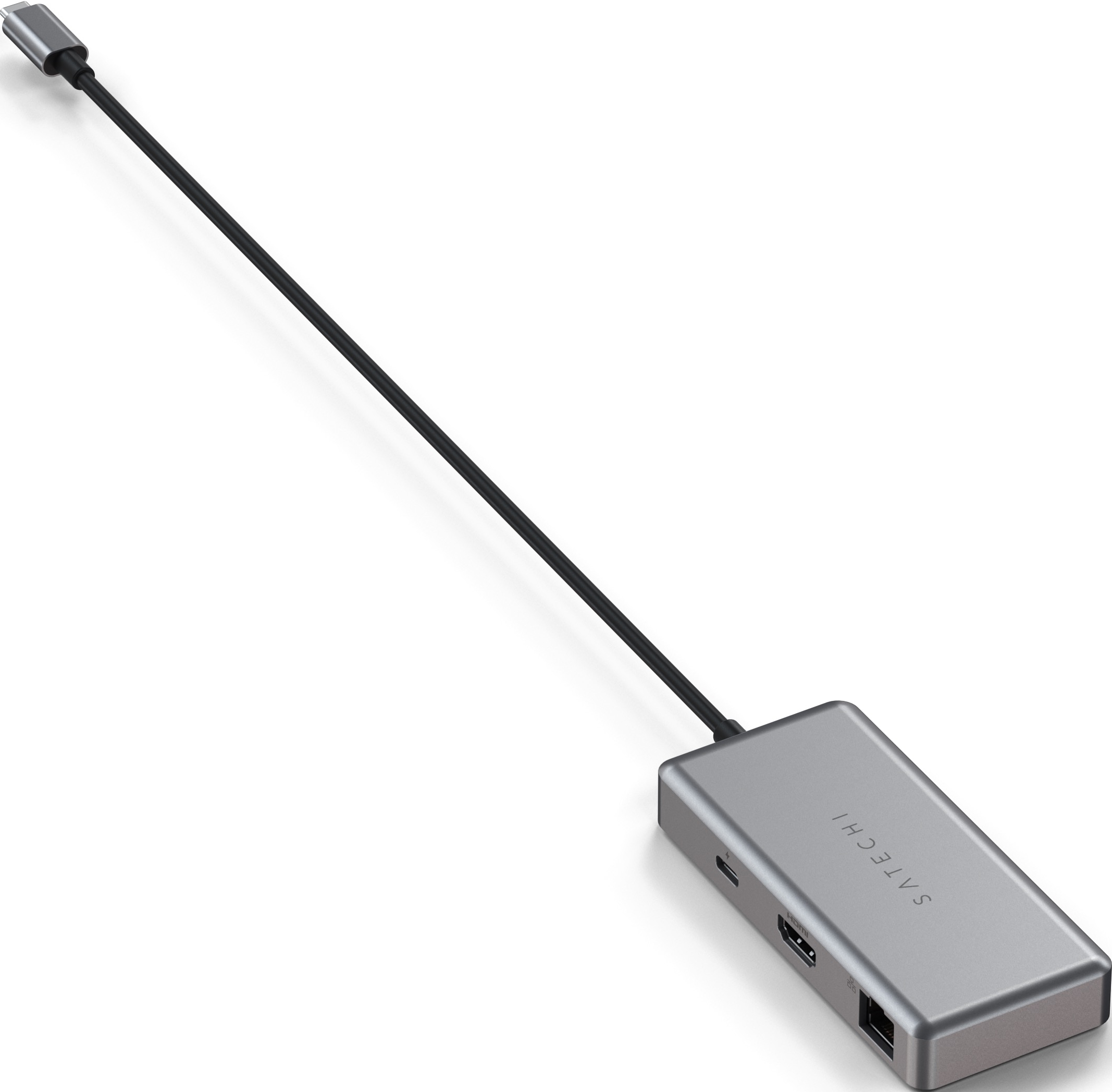 Ein silberner Satechi USB-C-Hub mit einem schwarzen Kabel. Er hat verschiedene Anschlüsse.
