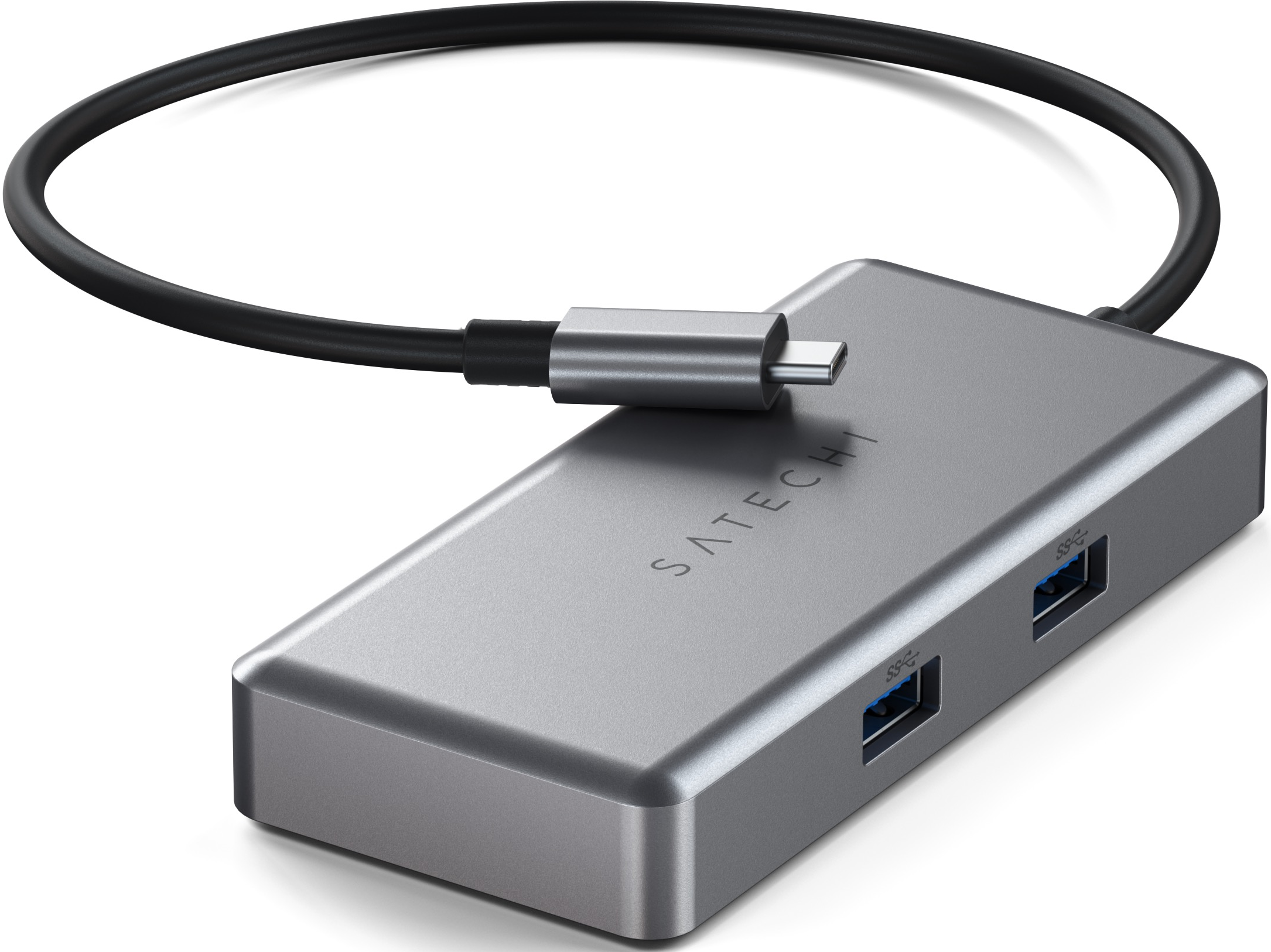 Silberner Hub mit schwarzem Kabel und USB-C-Anschluss. Zwei USB-Anschlüsse sind sichtbar.
