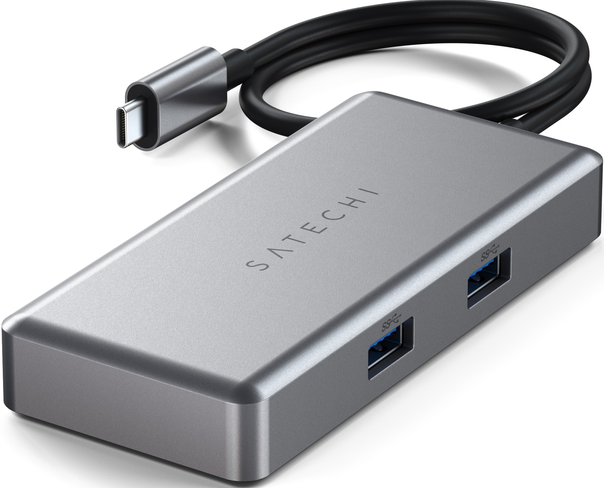 Ein silberner USB-Hub mit USB-C-Anschluss und zwei USB-Anschlüssen, vor weißem Hintergrund.